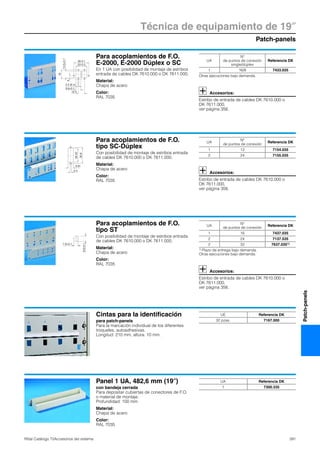 Patch-panels
Técnica de equipamiento de 19″
391Rittal Catálogo TI/Accesorios del sistema
Patch-panels
Para acoplamientos de F.O.
E-2000, E-2000 Dúplex o SC
En 1 UA con posibilidad de montaje de estribos
entrada de cables DK 7610.000 o DK 7611.000.
Material:
Chapa de acero
Color:
RAL 7035
Accesorios:
Estribo de entrada de cables DK 7610.000 o
DK 7611.000,
ver página 356.
12.4
13.5+0.1
18
30-0.1
22-0.2
2.5 (6 x)
4
9.6+0.1
UA
Nº
de puntos de conexión
single/dúplex
Referencia DK
1 16/8 7433.035
Otras ejecuciones bajo demanda.
Para acoplamientos de F.O.
tipo SC-Dúplex
Con posibilidad de montaje de estribos entrada
de cables DK 7610.000 o DK 7611.000.
Material:
Chapa de acero
Color:
RAL 7035
Accesorios:
Estribo de entrada de cables DK 7610.000 o
DK 7611.000,
ver página 356.
26.42
2.4
30.8
9.91
UA
Nº
de puntos de conexión
Referencia DK
1 12 7154.035
2 24 7155.035
Para acoplamientos de F.O.
tipo ST
Con posibilidad de montaje de estribos entrada
de cables DK 7610.000 o DK 7611.000.
Material:
Chapa de acero
Color:
RAL 7035
Accesorios:
Estribo de entrada de cables DK 7610.000 o
DK 7611.000,
ver página 356.
9.6+0.1
7.8+0.1
UA
Nº
de puntos de conexión
Referencia DK
1 16 7437.035
2 24 7137.535
2 32 7637.0351)
1) Plazo de entrega bajo demanda.
Otras ejecuciones bajo demanda.
Cintas para la identificación
para patch-panels
Para la marcación individual de los diferentes
troqueles, autoadhesivas.
Longitud: 210 mm, altura: 10 mm.
UE Referencia DK
32 pzas. 7167.000
Panel 1 UA, 482,6 mm (19″)
con bandeja cerrada
Para depositar cubiertas de conectores de F.O.
o material de montaje.
Profundidad: 100 mm.
Material:
Chapa de acero
Color:
RAL 7035
UA Referencia DK
1 7300.335
 
