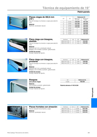 Patch-panels
Técnica de equipamiento de 19″
393Rittal Catálogo TI/Accesorios del sistema
Patch-panels
Placas ciegas de 482,6 mm
(19″)
Para el montaje en armarios o cajas para electró-
nica.
Material:
Aluminio, anodizado natural
UA UE
Referencia VC
269,2 mm
(1/2 19″)
482,6 mm
(19″)
1 3 pzas. 3746.000 1931.200
2 3 pzas. 3747.000 1932.200
3 3 pzas. 3748.000 1933.200
4 3 pzas. 3749.000 1934.200
6 3 pzas. – 1936.200
7 3 pzas. – 1935.200
9 3 pzas. – 1939.200
12 3 pzas. – 1937.200
Placa ciega con bisagras,
abatible
Para el montaje en armarios o cajas para electró-
nica.
Material:
Aluminio de 3 mm, anodizado natural
Bisagra: cinc fundido a presión, galvanizada
Unidad de envase:
Incluye material de fijación.
Anchura UA UE Referencia EL
482,6 mm (19″) 3 1 pza. 1944.000
482,6 mm (19″) 6 1 pza. 1945.000
Placa ciega con bisagras,
pivotante
Para el montaje en armarios o cajas para electró-
nica.
Material:
Aluminio de 3 mm, anodizado natural
Bisagra: cinc fundido a presión, galvanizada
Unidad de envase:
Incluye material de fijación.
Anchura UA UE Referencia EL
482,6 mm (19″) 3 1 pza. 1940.000
482,6 mm (19″) 6 1 pza. 1941.000
Bisagras
para placas ciegas
Material:
Cinc fundido a presión, galvanizada
Unidad de envase:
Incluye material de fijación.
Patente alemana nº 40 04 264
UE Referencia EL
2 pzas. 1950.000
Placas frontales con aireación
Para la aireación de armarios y cajas.
Material:
Aluminio, anodizado natural
Anchura UA UE Referencia EL
482,6 mm (19″) 1 3 pzas. 2231.000
482,6 mm (19″) 2 3 pzas. 2232.000
482,6 mm (19″) 3 3 pzas. 2233.000
 