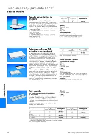 Técnica de equipamiento de 19″
Cajas de empalme
394 Rittal Catálogo TI/Accesorios del sistema
Cajasdeempalme
Soporte para módulos de
empalme
Para el alojamiento de módulos de diferentes
medidas. Pueden montarse hasta 8 módulos en
un soporte. El soporte para módulos de empalme
puede fijarse de forma flexible sobre cualquier
superficie de montaje. Adecuado especialmente
para la reconfiguración de cajas de empalme de
F.O. sin patch-panel.
En el DK 7452.035 puede montarse adicional-
mente un soporte
→ máx.: 16 módulos.
En el DK 7453.035 puede montarse adicional-
mente dos soportes
→ máx.: 32 módulos.
Material:
Chapa de acero
Color:
RAL 7035
Unidad de envase:
Soporte con perno roscado,
ángulo variable, cubierta para módulos,
tuerca moleteada y material de fijación.
Altura
Referencia DKAltura total
mm
Espárragos
mm
93 85 7450.035
Caja de empalme de F.O.,
ajustable en profundidad
La caja de empalme de 482,6 mm (19″) sirve
para el alojamiento de módulos de empalme y
puede instalarse en cualquier armario para redes
de 482,6 mm (19″), pudiéndose utilizar como
punto final o de distribución. El alojamiento de
módulos variable permite el montaje antigiro de
cualquier módulo. La parte trasera de la caja se
encuentra totalmente abierta para facilitar la
entrada de cables. Una junta de estanqueidad de
goma impide la entrada de polvo. Los cables de
F.O. pueden fijarse mediante bridas o abrazade-
ras.
Las escuadras de 482,6 mm (19″) permiten un
ajuste de la caja de hasta 100 mm en la profundi-
dad sin escalonamientos. Además es posible
extraer la caja por completo de las escuadras de
482,6 mm (19″). Dos bridas contra tracción, así
como los clips de guiado de cables para los
mazos de cables ofrecen una solución adecuada
para el cableado de F.O.
Patente alemana nº 196 08 385
Profundidad de montaje:
302 mm
Material:
Chapa de acero
Color:
RAL 7035
Unidad de envase:
Caja de empalme, clips de guiado de cables y
cubierta del módulo, incl. accesorios de fijación
para patch-panel.
Atención:
Suministro sin patch-panel ni módulos.
UA
Nº máx.
de módulos
Referencia DK
1 2 7241.005
2 4 7242.005
Otras ejecuciones bajo demanda.
Patch-panels
para cajas de empalme de F.O., ajustables
en profundidad
Para las cajas de empalme pueden escogerse
9 paneles con escotaduras para el montaje de
diferentes conectores de F.O., así como
2 paneles ciegos para equipamiento libre o como
cubierta.
Los patch-panels se fijan mediante cierres rápi-
dos a la caja de empalme.
Material:
Chapa de acero
Color:
RAL 7035
Para conectores
Nº de
puntos de conexión
Referencia DK
1 UA
Nº de
puntos de conexión
Referencia DK
2 UA
ST
12 7241.015
24 7242.015
16 7241.065
E-2000,
E-2000 Dúplex2) o SC
24 7241.024 – –
SC-Dúplex 12 7241.045 24 7242.0451)
1) Plazo de entrega bajo demanda.
2) Para E-2000 Dúplex sólo están disponibles la mitad de troqueles.
Otras ejecuciones bajo demanda.
 