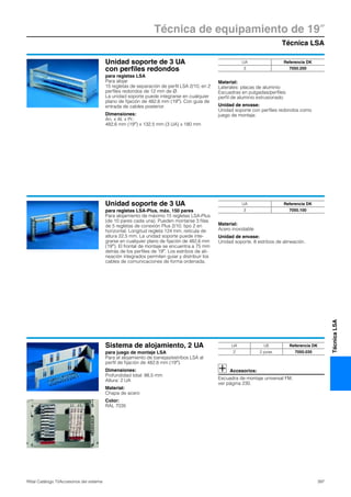 Técnica LSA
Técnica de equipamiento de 19″
397Rittal Catálogo TI/Accesorios del sistema
TécnicaLSA
Unidad soporte de 3 UA
con perfiles redondos
para regletas LSA
Para alojar
15 regletas de separación de perfil LSA 2/10, en 2
perfiles redondos de 12 mm de Ø.
La unidad soporte puede integrarse en cualquier
plano de fijación de 482,6 mm (19″). Con guía de
entrada de cables posterior.
Dimensiones:
An. x Al. x Pr.:
482,6 mm (19″) x 132,5 mm (3 UA) x 180 mm
Material:
Laterales: placas de aluminio
Escuadras en pulgadas/perfiles:
perfil de aluminio extrusionado
Unidad de envase:
Unidad soporte con perfiles redondos como
juego de montaje.
UA Referencia DK
3 7050.200
Unidad soporte de 3 UA
para regletas LSA-Plus, máx. 150 pares
Para alojamiento de máximo 15 regletas LSA-Plus
(de 10 pares cada una). Pueden montarse 3 filas
de 5 regletas de conexión Plus 2/10, tipo 2 en
horizontal. Longitud regleta 124 mm, retícula de
altura 22,5 mm. La unidad soporte puede inte-
grarse en cualquier plano de fijación de 482,6 mm
(19″). El frontal de montaje se encuentra a 75 mm
detrás de los perfiles de 19″. Los estribos de ali-
neación integrados permiten guiar y distribuir los
cables de comunicaciones de forma ordenada.
Material:
Acero inoxidable
Unidad de envase:
Unidad soporte, 8 estribos de alineación.
UA Referencia DK
3 7050.100
Sistema de alojamiento, 2 UA
para juego de montaje LSA
Para el alojamiento de banejas/estribos LSA al
perfil de fijación de 482,6 mm (19″).
Dimensiones:
Profundidad total: 98,5 mm
Altura: 2 UA
Material:
Chapa de acero
Color:
RAL 7035
Accesorios:
Escuadra de montaje universal FM,
ver página 230.
UA UE Referencia DK
2 2 pzas. 7050.035
 