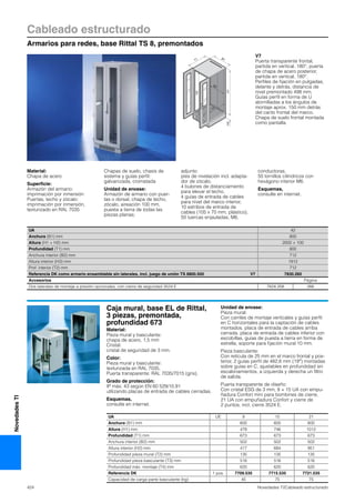 Cableado estructurado
Armarios para redes, base Rittal TS 8, premontados
424 Novedades TI/Cableado estructurado
NovedadesTI
T1
H1H2
B1
T2
H3
B2
Material:
Chapa de acero
Superficie:
Armazón del armario:
imprimación por inmersión
Puertas, techo y zócalo:
imprimación por inmersión,
texturizado en RAL 7035
Chapas de suelo, chasis de
sistema y guías perfil:
galvanizada, cromatada
Unidad de envase:
Armazón de armario con puer-
tas o dorsal, chapa de techo,
zócalo, aireación 100 mm,
puesta a tierra de todas las
piezas planas;
adjunto:
pies de nivelación incl. adapta-
dor de zócalo,
4 bulones de distanciamiento
para elevar el techo,
4 guías de entrada de cables
para nivel del marco interior,
10 estribos de entrada de
cables (105 x 70 mm, plástico),
50 tuercas enjauladas, M6,
conductoras,
50 tornillos cilíndricos con
hexágono interior M6.
Esquemas,
consulte en internet.
UA 42
Anchura (B1) mm 800
Altura (H1 + H2) mm 2000 + 100
Profundidad (T1) mm 800
Anchura interior (B2) mm 712
Altura interior (H3) mm 1912
Prof. interior (T2) mm 712
Referencia DK como armario ensamblable sin laterales, incl. juego de unión TS 8800.500 V7 7830.260
Accesorios Página
Dos laterales de montaje a presión opcionales, con cierre de seguridad 3524 E 7824.208 266
V7
Puerta transparente frontal,
partida en vertical, 180°, puerta
de chapa de acero posterior,
partida en vertical, 180°.
Perfiles de fijación en pulgadas,
delante y detrás, distancia de
nivel premontado 498 mm.
Guías perfil en forma de U
atornilladas a los ángulos de
montaje aprox. 150 mm detrás
del canto frontal del marco.
Chapa de suelo frontal montada
como pantalla.
Caja mural, base EL de Rittal,
3 piezas, premontada,
profundidad 673
Material:
Pieza mural y basculante:
chapa de acero, 1,5 mm
Cristal:
cristal de seguridad de 3 mm.
Color:
Pieza mural y basculante:
texturizada en RAL 7035,
Puerta transparente: RAL 7035/7015 (gris).
Grado de protección:
IP máx. 43 según EN 60 529/10.91
utilizando placas de entrada de cables cerradas.
Esquemas,
consulte en internet.
Unidad de envase:
Pieza mural:
Con carriles de montaje verticales y guías perfil
en C horizontales para la captación de cables
montados, placa de entrada de cables arriba
cerrada, placa de entrada de cables inferior con
escobillas, guías de puesta a tierra en forma de
estrella, soporte para fijación mural 10 mm.
Pieza basculante:
Con retícula de 25 mm en el marco frontal y pos-
terior, 2 guías perfil de 482,6 mm (19″) montadas
sobre guías en C, ajustables en profundidad sin
escalonamientos, a izquierda y derecha un filtro
de salida.
Puerta transparente de diseño:
Con cristal ESG de 3 mm, 9 + 15 UA con empu-
ñadura Confort mini para bombines de cierre,
21 UA con empuñadura Confort y cierre de
2 puntos, incl. cierre 3524 E.
UA UE 9 15 21
Anchura (B1) mm 600 600 600
Altura (H1) mm 478 746 1012
Profundidad (T1) mm 673 673 673
Anchura interior (B2) mm 502 502 502
Altura interior (H2) mm 417 684 951
Profundidad pieza mural (T2) mm 135 135 135
Profundidad pieza basculante (T3) mm 516 516 516
Profundidad máx. montaje (T4) mm 620 620 620
Referencia DK 1 pza. 7709.535 7715.535 7721.535
Capacidad de carga parte basculante (kg) 45 75 75
 