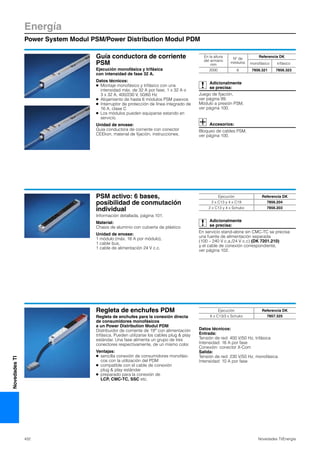 Energía
Power System Modul PSM/Power Distribution Modul PDM
432 Novedades TI/Energía
NovedadesTI
Guía conductora de corriente
PSM
Ejecución monofásica y trifásica
con intensidad de fase 32 A.
Datos técnicos:
● Montaje monofásico y trifásico con una
intensidad máx. de 32 A por fase, 1 x 32 A o
3 x 32 A, 400/230 V, 50/60 Hz
● Alojamiento de hasta 6 módulos PSM pasivos
● Interruptor de protección de línea integrado de
16 A, clase C
● Los módulos pueden equiparse estando en
servicio.
Unidad de envase:
Guía conductora de corriente con conector
CEEkon, material de fijación, instrucciones.
Adicionalmente
se precisa:
Juego de fijación,
ver página 99.
Módulo a presión PSM,
ver página 100.
Accesorios:
Bloqueo de cables PSM,
ver página 100.
En la altura
del armario
mm
Nº de
módulos
Referencia DK
monofásico trifásico
2000 6 7856.321 7856.323
PSM activo: 6 bases,
posibilidad de conmutación
individual
Información detallada, página 101.
Material:
Chasis de aluminio con cubierta de plástico
Unidad de envase:
1 módulo (máx. 16 A por módulo),
1 cable bus,
1 cable de alimentación 24 V c.c.
Adicionalmente
se precisa:
En servicio stand-alone sin CMC-TC se precisa
una fuente de alimentación separada
(100 – 240 V c.a./24 V c.c) (DK 7201.210)
y el cable de conexión correspondiente,
ver página 102.
Ejecución Referencia DK
2 x C13 y 4 x C19 7856.204
2 x C13 y 4 x Schuko 7856.203
Regleta de enchufes PDM
Regleta de enchufes para la conexión directa
de consumidores monofásicos
a un Power Distribution Modul PDM
Distribuidor de corriente de 19″ con alimentación
trifásica. Pueden utilizarse los cables plug & play
estándar. Una fase alimenta un grupo de tres
conectores respectivamente, de un mismo color.
Ventajas:
● sencilla conexión de consumidores monofási-
cos con la utilización del PDM
● compatible con el cable de conexión
plug & play estándar
● preparado para la conexión de
LCP, CMC-TC, SSC etc.
Datos técnicos:
Entrada:
Tensión de red: 400 V/50 Hz, trifásica
Intensidad: 16 A por fase
Conexión: conector X-Com
Salida:
Tensión de red: 230 V/50 Hz, monofásica
Intensidad: 10 A por fase
Ejecución Referencia DK
6 x C13/3 x Schuko 7857.325
 