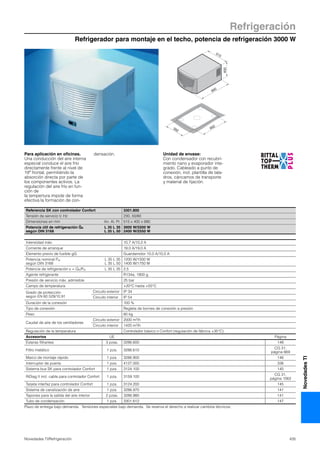 Refrigerador para montaje en el techo, potencia de refrigeración 3000 W
Refrigeración
435Novedades TI/Refrigeración
NovedadesTI
990
515
400
392 692
Para aplicación en oficinas.
Una conducción del aire interna
especial conduce el aire frío
directamente frente al nivel de
19″ frontal, permitiéndo la
absorción directa por parte de
los componentes activos. La
regulación del aire frío en fun-
ción de
la tempertura impide de forma
efectiva la formación de con-
densación. Unidad de envase:
Con condensador con recubri-
miento nano y evaporador inte-
grado. Cableado a punto de
conexión, incl. plantilla de tala-
dros, cáncamos de transporte
y material de fijación.
Referencia SK con controlador Confort 3301.800
Tensión de servicio V, Hz 230, 50/60
Dimensiones en mm An. Al. Pr. 515 x 400 x 990
Potencia útil de refrigeración QK
según DIN 3168
L 35 L 35
L 35 L 50
3000 W/3200 W
2400 W/2550 W
Intensidad máx. 10,7 A/10,2 A
Corriente de arranque 19,0 A/19,0 A
Elemento previo de fusible gG Guardamotor 10,0 A/10,0 A
Potencia nominal Pel
según DIN 3168
L 35 L 35
L 35 L 50
1200 W/1500 W
1400 W/1750 W
Potencia de refrigeración ε = QK/Pel L 35 L 35 2,5
Agente refrigerante R134a, 1800 g
Presión de servicio máx. admisible 25 bar
Campo de temperatura +20°C hasta +55°C
Grado de protección
según EN 60 529/10.91
Circuito exterior IP 34
Circuito interior IP 54
Duración de la conexión 100 %
Tipo de conexión Regleta de bornes de conexión a presión
Peso 80 kg
Caudal de aire de los ventiladores
Circuito exterior 2000 m3/h
Circuito interior 1420 m3/h
Regulación de la temperatura Controlador básico o Confort (regulación de fábrica +35°C)
Accesorios UE Página
Esteras filtrantes 3 pzas. 3286.600 148
Filtro metálico 1 pza. 3286.610
CG 31,
página 669
Marco de montaje rápido 1 pza. 3286.900 146
Interruptor de puerta 1 pza. 4127.000 336
Sistema bus SK para controlador Confort 1 pza. 3124.100 145
RiDiag II incl. cable para controlador Confort 1 pza. 3159.100
CG 31,
página 1063
Tarjeta interfaz para controlador Confort 1 pza. 3124.200 145
Sistema de canalización de aire 1 pza. 3286.970 141
Tapones para la salida del aire interior 2 pzas. 3286.980 141
Tubo de condensación 1 pza. 3301.612 147
Plazo de entrega bajo demanda. Tensiones especiales bajo demanda. Se reserva el derecho a realizar cambios técnicos.
.
.
 