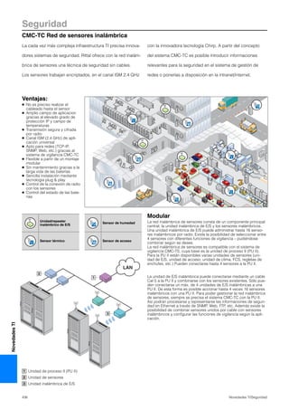 Seguridad
CMC-TC Red de sensores inalámbrica
436 Novedades TI/Seguridad
NovedadesTI
LAN
2
1
3
Unidad/repeater
inalámbrico de E/S
Sensor de humedad
Sensor térmico Sensor de acceso
Modular
La red inalámbrica de sensores consta de un componente principal
central, la unidad inalámbrica de E/S y los sensores inalámbricos.
Una unidad inalámbrica de E/S puede administrar hasta 16 senso-
res inalámbricos por radio. Existe la posibilidad de seleccionar entre
4 sensores con diferentes funciones de vigilancia – pudiéndose
combinar según se desee.
La red inalámbrica de sensores es compatible con el sistema de
vigilancia CMC-TS, cuya base es la unidad de proceso II (PU II).
Para la PU II están disponibles varias unidades de sensores (uni-
dad de E/S, unidad de acceso, unidad de clima, FCS, regletas de
enchufes, etc.) Pueden conectarse hasta 4 sensores a la PU II.
La unidad de E/S inalámbrica puede conectarse mediante un cable
Cat 5 a la PU II y combinarse con los sensores existentes. Sólo pue-
den conectarse un máx. de 4 unidades de E/S inalámbricas a una
PU II. De esta forma es posible accionar hasta 4 veces 16 sensores
inalámbricos con una PU II. Para poder gestionar la red inalámbrica
de sensores, siempre se precisa el sistema CMC-TC con la PU II.
Así podran procesarse y representarse las informaciones de seguri-
dad en Ethernet a través de SNMP, Web, FTP, etc. Además existe la
posibilidad de combinar sensores unidos por cable con sensores
inalámbricos y configurar las funciones de vigilancia según la apli-
cación.
La cada vez más compleja infraestructura TI precisa innova-
dores sistemas de seguridad. Rittal ofrece con la red inalám-
brica de sensores una técnica de seguridad sin cables.
Los sensores trabajan encriptados, en el canal ISM 2,4 GHz
con la innovadora tecnología Chirp. A partir del concepto
del sistema CMC-TC es posible introducir informaciones
relevantes para la seguridad en el sistema de gestión de
redes o ponerlas a disposición en la intranet/internet.
Ventajas:
● No es preciso realizar el
cableado hasta el sensor
● Amplio campo de aplicacion
gracias al elevado grado de
protección IP y campo de
temperaturas
● Transmisión segura y cifrada
por radio
● Canal ISM (2,4 GHz) de apli-
cación universal
● Apto para redes (TCP-IP,
SNMP, Web, etc.) gracias al
sistema de vigilancia CMC-TC
● Flexible a partir de un montaje
modular
● Sin mantenimiento gracias a la
larga vida de las baterías
● Sencilla instalación mediante
tecnología plug & play
● Control de la conexión de radio
con los sensores
● Control del estado de las bate-
rías
Unidad de proceso II (PU II)
Unidad de sensores
Unidad inalámbrica de E/S
1
2
3
 