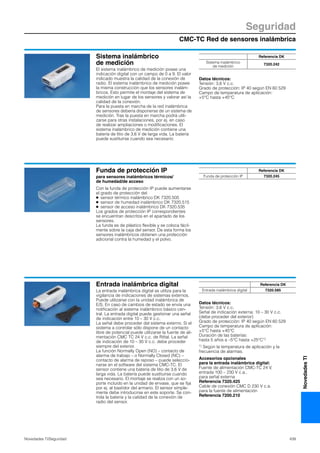 CMC-TC Red de sensores inalámbrica
Seguridad
439Novedades TI/Seguridad
NovedadesTI
Sistema inalámbrico
de medición
El sistema inalámbrico de medición posee una
indicación digital con un campo de 0 a 9. El valor
indicado muestra la calidad de la conexión de
radio. El sistema inalámbrico de medición posee
la misma construcción que los sensores inalám-
bricos. Esto permite el montaje del sistema de
medición en lugar de los sensores y valorar así la
calidad de la conexión.
Para la puesta en marcha de la red inalámbrica
de sensores debería disponerse de un sistema de
medición. Tras la puesta en marcha podrá utili-
zarse para otras instalaciones, por ej. en caso
de realizar ampliaciones o modificaciones. El
sistema inalámbrico de medición contiene una
batería de litio de 3,6 V de larga vida. La batería
puede sustituirse cuando sea necesario.
Datos técnicos:
Tensión: 3,6 V c.c.
Grado de protección: IP 40 según EN 60 529
Campo de temperatura de aplicación:
+5°C hasta +45°C
Referencia DK
Sistema inalámbrico
de medición
7320.242
Funda de protección IP
para sensores inalámbricos térmicos/
de humedad/de acceso
Con la funda de protección IP puede aumentarse
el grado de protección del
● sensor térmico inalámbrico DK 7320.505
● sensor de humedad inalámbrico DK 7320.515
● sensor de acceso inalámbrico DK 7320.535
Los grados de protección IP correspondientes
se encuentran descritos en el apartado de los
sensores.
La funda es de plástico flexible y se coloca fácil-
mente sobre la caja del sensor. De esta forma los
sensores inalámbricos obtienen una protección
adicional contra la humedad y el polvo.
Referencia DK
Funda de protección IP 7320.245
Entrada inalámbrica digital
La entrada inalámbrica digital se utiliza para la
vigilancia de indicaciones de sistemas externos.
Puede utilizarse con la unidad inalámbrica de
E/S. En caso de cambios de estado se envía una
notificación al sistema inalámbrico básico cen-
tral. La entrada digital puede gestionar una señal
de indicación entre 10 – 30 V c.c.
La señal debe proceder del sistema externo. Si el
sistema a controlar sólo dispone de un contacto
libre de potencial puede utilizarse la fuente de ali-
mentación CMC TC 24 V c.c. de Rittal. La señal
de indicación de 10 – 30 V c.c. debe proceder
siempre del exterior.
La función Normally Open (NO) – contacto de
alarma de trabajo – o Normally Closed (NC) –
contacto de alarma de reposo – puede seleccio-
narse en el software del sistema CMC-TC. El
sensor contiene una batería de litio de 3,6 V de
larga vida. La batería puede sustituirse cuando
sea necesario. El montaje se realiza con un so-
porte incluido en la unidad de envase, que se fija
por ej. al bastidor del armario. El sensor simple-
mente debe introducirse en este soporte. Se con-
trola la batería y la calidad de la conexión de
radio del sensor.
Datos técnicos:
Tensión: 3,6 V c.c.
Señal de indicación externa: 10 – 30 V c.c.
(debe proceder del exterior)
Grado de protección: IP 40 según EN 60 529
Campo de temperatura de aplicación:
+5°C hasta +45°C
Duración de las baterías:
hasta 5 años a –5°C hasta +25°C1)
1) Según la temperatura de aplicación y la
frecuencia de alarmas.
Accesorios opcionales
para la entrada inalámbrica digital:
Fuente de alimentación CMC-TC 24 V,
entrada 100 – 230 V c.a.,
para señal externa
Referencia 7320.425
Cable de conexión CMC D 230 V c.a.
para la fuente de alimentación
Referencia 7200.210
Referencia DK
Entrada inalámbrica digital 7320.585
 