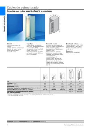48 Rittal Catálogo TI/Cableado estructurado
Cableado estructurado
Armarios para redes, base flexRack(i), premontados
Cableadoestructurado
T2
H2
B2
T2
H2
T1
B2
H1
B1
H2
Material:
Elementos verticales del
bastidor:
perfil de aluminio extrusionado
Bastidor de suelo y techo,
zócalo, revestimiento:
Chapa de acero
Superficie:
Piezas planas: pintadas en
RAL 7035, perfiles del bastidor
y puertas: RAL 9006,
pantallas de cierre: RAL 7035
Cristal: tintado, gris
Chapas de entrada de cables,
perfiles de montaje 482,6 mm
(19″): cromatadas.
Unidad de envase:
Armazón de multiplataforma
FR(i) con puerta frontal transpa-
rente de diseño (130°),
puerta posterior TS de chapa
de acero (130°).
Chapa de techo, laterales,
zócalo con aireación, chapa
de suelo, equipamiento interior
según ejecución,
ver tabla pàgina 49.
Puesta a tierra de todas las
piezas planas, empuñaduras
Confort para cilindro medio
delante, empuñadura giratoria
detrás, con cierre de seguridad
3524 E.
Derechos de patente:
Patente alemana nº 103 11 376
Diseño alemán nº 403 04 312
Patente de modelo británica
nº 301 54 31
Esquemas,
lo encontrará en internet.
Accesorios página 252 Monitorización página 187 Climatización página 113
UA 11 11 24 42 42
Anchura (B1) mm1) 600 600 600 800 800
Altura (H1 + H2) mm1) 600 600 1200 2000 + 100 2000 + 100
Profundidad (T1) mm1) 805 1005 1005 805 1005
Profundidad absoluta, incl. asas y arqueo techo (T1) mm + 74,5 mm 879,5 1079,5 1079,5 879,5 1079,5
Referencia Armario individual FR(i) incl. 2 laterales 7855.480 7855.500 7855.510 7855.550 7855.570
Referencia FR(i) Armario ensamblable sin laterales,
incl. juego de ensamblaje,
– – – 7855.540 7855.5602)
1) Todas las medidas son medidas nominales. Para medidas absolutas ver esquemas en internet.
2) Plazo de entrega bajo demanda.
 