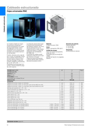 Cableado estructurado
Cajas universales RNC
54 Rittal Catálogo TI/Cableado estructurado
Cableadoestructurado
H
T2
BT1
Un moderno diseño en negro,
dimensiones compactas y
puerta transparente con cristal
de seguridad tintado. Cierre
centralizado con una única
cerradura, con la puerta frontal
cerrada no es posible desmon-
tar los laterales.
Pueden utilizarse como caja de
pie o mural. Los laterales monta-
dos a presión proporcionan un
acceso rápido y espacio libre
para los montajes. A elección
pueden instalarse componentes
de 1/2 19″, 10″ o 19″.
Posibilidad de ensamblaje hori-
zontal y vertical mediante juego
de unión adjunto.
La aireación pasiva tiene lugar
a través de las escotaduras
del bastidor posterior, así como
de las perforaciones en la
chapa de techo y suelo, prepa-
radas para alojar un juego de
ampliación de ventiladores
DK 7980.100.
La entrada de cables puede
realizarse a elección por el dor-
sal, el techo o el suelo.
Todas las piezas del bastidor
y piezas planas están prepara-
das para la puesta a tierra.
Material:
Chapa de acero, ESG
Color:
Negro, semejante a RAL 9011
Unidad de envase:
Caja con puerta transparente,
juego de unión,
escobillas para la entrada de
cables,
perfiles de fijación en pulgadas,
delante.
Derechos de patente:
Patente alemana
nº 10 210 481
nº 10 210 482
Esquemas,
lo encontrará en internet.
Distribuidor de datos página 57
UA 269,2 mm (1/2 19″) UE 10 Página
UA 482,6 mm (19″) 5
Anchura (B) mm 350
Altura (H) mm 500
Profundidad (T1) mm 350
Profundidad máx. montaje (T2) mm 270
Referencia DK 1 pza. 7870.350
Accesorios
Regleta de enchufes 3 bases, sin interruptor 1 pza. 7240.110 328
Regleta de enchufes 7 bases, sin interruptor, para nivel de 482,6 mm (19″) 1 pza. 7240.210 328
Regleta de enchufes 7 bases, con interruptor, para nivel de 482,6 mm (19″) 1 pza. 7240.220 328
Bandeja para aparatos de 1/2 19″, 1 UA 1 pza. 7502.600 323
Panel de alineación de cables de 1/2 19″, 1 UA 1 pza. 7502.610 56
Panel ciego de 1/2 19″, 1 UA 2 pzas. 7870.720 55
Panel de paso de cables de 1/2 19″, 1 UA 2 pzas. 7870.730 56
Panel ciego de 19″, 1 UA 2 pzas. 7151.035 392
Panel ciego de 19″, 2 UA 2 pzas. 7152.035 392
Panel ciego de 19″, 3 UA 2 pzas. 7153.035 392
Guía combinada, long. 200 mm 6 pzas. 7502.302 352
Adaptador para la técnica de 10″, 1 UA 1 pza. 7870.760 56
Adaptador para la técnica de 10″, 4 UA 1 pza. 7870.765 56
Tornillo de estrella M5, con arandela plástica 1 juego = 100 pzas. 1 juego 2099.500 382
Tornillo de estrella M6, con arandela plástica 1 juego = 100 pzas. 1 juego 2089.000 382
Tuerca enjaulada M5, con contacto 1 juego = 50 pzas. 1 juego 2094.500 381
Tuerca enjaulada M6, con contacto 1 juego = 50 pzas. 1 juego 2094.200 381
 