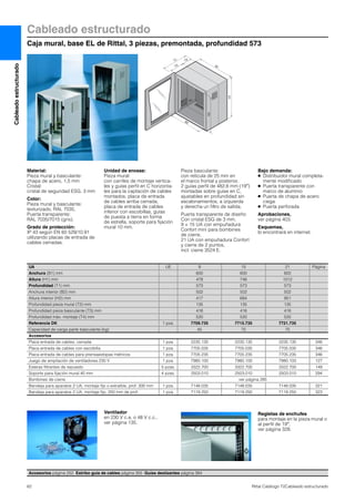 Cableadoestructurado
62 Rittal Catálogo TI/Cableado estructurado
Cableado estructurado
Caja mural, base EL de Rittal, 3 piezas, premontada, profundidad 573
H1
H2
T1
B1
T4
T3
T2
B2
Material:
Pieza mural y basculante:
chapa de acero, 1,5 mm
Cristal:
cristal de seguridad ESG, 3 mm
Color:
Pieza mural y basculante:
texturizado, RAL 7035,
Puerta transparente:
RAL 7035/7015 (gris).
Grado de protección:
IP 43 según EN 60 529/10.91
utilizando placas de entrada de
cables cerradas.
Unidad de envase:
Pieza mural:
con carriles de montaje vertica-
les y guías perfil en C horizonta-
les para la captación de cables
montados, placa de entrada
de cables arriba cerrada,
placa de entrada de cables
inferior con escobillas, guías
de puesta a tierra en forma
de estrella, soporte para fijación
mural 10 mm.
Pieza basculante:
con retícula de 25 mm en
el marco frontal y posterior,
2 guías perfil de 482,6 mm (19″)
montadas sobre guías en C,
ajustables en profundidad sin
escalonamientos, a izquierda
y derecha un filtro de salida.
Puerta transparente de diseño:
Con cristal ESG de 3 mm,
9 + 15 UA con empuñadura
Confort mini para bombines
de cierre,
21 UA con empuñadura Confort
y cierre de 2 puntos,
incl. cierre 3524 E.
Bajo demanda:
● Distribuidor mural completa-
mente modificado
● Puerta transparente con
marco de aluminio
● Puerta de chapa de acero
ciega
● Puerta perforada
Aprobaciones,
ver página 403.
Esquemas,
lo encontrará en internet.
Accesorios página 252 Estribo guía de cables página 355 Guías deslizantes página 384
UA UE 9 15 21 Página
Anchura (B1) mm 600 600 600
Altura (H1) mm 478 746 1012
Profundidad (T1) mm 573 573 573
Anchura interior (B2) mm 502 502 502
Altura interior (H2) mm 417 684 951
Profundidad pieza mural (T2) mm 135 135 135
Profundidad pieza basculante (T3) mm 416 416 416
Profundidad máx. montaje (T4) mm 520 520 520
Referencia DK 1 pza. 7709.735 7715.735 7721.735
Capacidad de carga parte basculante (kg) 45 75 75
Accesorios
Placa entrada de cables, cerrada 1 pza. 2235.135 2235.135 2235.135 346
Placa entrada de cables con escobilla 1 pza. 7705.035 7705.035 7705.035 346
Placa entrada de cables para prensaestopas métricos 1 pza. 7705.235 7705.235 7705.235 346
Juego de ampliación de ventiladores 230 V 1 pza. 7980.100 7980.100 7980.100 127
Esteras filtrantes de repuesto 5 pzas. 3322.700 3322.700 3322.700 149
Soporte para fijación mural 40 mm 4 pzas. 2503.010 2503.010 2503.010 294
Bombines de cierre ver página 285
Bandeja para aparatos 2 UA, montaje fijo o extraíble, prof. 300 mm 1 pza. 7148.035 7148.035 7148.035 321
Bandeja para aparatos 2 UA, montaje fijo, 250 mm de prof. 1 pza. 7119.250 7119.250 7119.250 323
Ventilador
en 230 V c.a. o 48 V c.c.,
ver página 135.
Regletas de enchufes
para montaje en la pieza mural o
al perfil de 19″,
ver página 328.
 