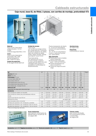 Cableado estructurado
Caja mural, base EL de Rittal, 3 piezas, con carriles de montaje, profundidad 473
63Rittal Catálogo TI/Cableado estructurado
Cableadoestructurado
H1
H2
T1
B1
T4
T3
T2
B2
Material:
Pieza mural y basculante:
chapa de acero, 1,5 mm
Cristal:
cristal de seguridad ESG, 3 mm
Color:
Pieza mural y basculante:
texturizado, RAL 7035,
Puerta transparente:
RAL 7035/7015 (gris).
Grado de protección:
IP 55 según EN 60 529/10.91
Unidad de envase:
Pieza mural:
con carriles de montaje vertica-
les y guías perfil en C horizonta-
les para la captación de cables,
placa de entrada de cables
arriba y abajo cerrada, soporte
para fijación mural 10 mm.
Pieza basculante:
con retícula de 25 mm en
el marco frontal y posterior,
2 guías perfil de 482,6 mm (19″)
montadas sobre guías en C,
ajustables en profundidad sin
escalonamientos.
Puerta transparente de diseño:
6 – 15 UA con empuñadura
Confort minio para bombines
de cierre,
18 – 21 UA con empuñadura
Confort y cierre de 2 puntos,
incl. cierre 3524 E.
Bajo demanda:
● Distribuidor mural completa-
mente modificado
● Dimensiones especiales
(prof. = 373 mm, 573 mm)
● Puerta transparente con
marco de aluminio
● Puerta de chapa de acero
ciega
Aprobaciones,
ver página 403.
Esquemas,
lo encontrará en internet.
Accesorios página 252 Regletas de enchufes página 328 Técnica de conexión LSA página 397 Fijación mural página 294
UA UE 6 9 12 15 18 21 Página
Anchura (B1) mm 600 600 600 600 600 600
Altura (H1) mm 345 478 612 746 878 1012
Profundidad (T1) mm 473 473 473 473 473 473
Anchura interior (B2) mm 502 502 502 502 502 502
Altura interior (H2) mm 284 417 551 684 817 951
Profundidad pieza mural (T2) mm 135 135 135 135 135 135
Profundidad pieza basculante (T3) mm 316 316 316 316 316 316
Profundidad máx. montaje (T4) mm 420 420 420 420 420 420
Referencia DK 1 pza. 7706.135 7709.135 7712.135 7715.135 7718.1351) 7721.135
Capacidad de carga parte basculante (kg) 30 45 60 75 75 75
Accesorios
Placa entrada de cables con escobilla 1 pza. 7705.035 7705.035 7705.035 7705.035 7705.035 7705.035 346
Placa entrada de cables para prensaestopas métricos 1 pza. 7705.235 7705.235 7705.235 7705.235 7705.235 7705.235 346
Zócalo 1 pza. 7505.300 7505.300 7505.300 7505.300 7505.300 7505.300 259
Soporte para fijación mural 40 mm 4 pzas. 2503.010 2503.010 2503.010 2503.010 2503.010 2503.010 294
Bombines de cierre ver página 285
Guía de puesta a tierra, horizontal 1 pza. 7113.000 7113.000 7113.000 7113.000 7113.000 7113.000 338
Bandeja para aparatos 2 UA, montaje fijo y extraíble 1 pza. 7148.035 7148.035 7148.035 7148.035 7148.035 7148.035 321
Bandeja para aparatos 2 UA, montaje fijo, 250 mm de prof. 1 pza. 7119.250 7119.250 7119.250 7119.250 7119.250 7119.250 323
Bandeja para aparatos 1 UA, montaje fijo, 140 mm de prof. 1 pza. 7119.140 7119.140 7119.140 7119.140 7119.140 7119.140 322
1) Plazo de entrega bajo demanda.
Guías deslizantes
para soportar componentes de
elevado peso en el perfil de 19″,
ver página 384.
Cilindro medio
para cierres individuales
en la empuñadura Confort
o Confort Mini,
ver página 287.
 