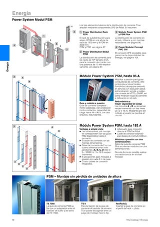 Energía
Power System Modul PSM
96 Rittal Catálogo TI/Energía
Energía
Módulo Power System PSM, hasta 192 AA
C
A
B
C
D
3
Módulo Power System PSM, hasta 96 AA
B
3
Guía y módulo a presión
Guía de corriente completa-
mente cableada, con protección
contra contactos, capacidad de
carga hasta 48 o 96 A, con dos
circuitos, redundantes.
PSM – Montaje sin pérdida de unidades de altura
TE 7000
La guía de corriente PSM se
fija con un adaptador entre el
bastidor de suelo y de techo
del TE 7000.
TS 8
Para la fijación de la guía de
corriente al bastidor de armario
TS 8 puede escogerse entre un
juego de montaje móvil o fijo.
flexRack(i)
Insertar la guía de corriente en
el perfil del rack – y listo.
Los tres elementos básicos de la distribución de corriente TI se
amplian mediante componentes UPS de Rittal. En resumen:
Power Distribution Rack
PDR
El rack de subdistribución para
alojar 4 PDM en una altura de
rack de 1200 mm y 8 PDM en
2000 mm.
PDM y PDR, ver página 97.
Power Distribution Modul
PDM
La distribución de corriente para
los racks de 19″ tamaño 3 UA,
para la conexión de 4 racks con
una potencia de 10 kW respecti-
vamente, ver página 97.
Módulo Power System PSM
y PSM Plus
La distribución de corriente en
el rack, trifásica y con montaje
redundante, ver página 96.
Power Modular Concept
PMC 200
El concepto UPS escalable para
garantizar la disponibilidad de
energía, ver página 104.
1
2
3
4
Módulos a presión para guías
conductoras de corriente, dife-
rentes ejecuciones locales.
Posibilidad de equipar estando
en servicio. En ejecución activa
administración remota y vigilan-
cia a través de HTTP y SNMP, así
como medición local de corriente
e indicación en el rack.
Redundancia o
mayor capacidad de carga
Los circuitos A y B se alimentan
respectivamente con tres fases
(2 x 3 x 16 A). Mediante giro del
módulo a presión se cambia el
circuito.
Ventajas a simple vista:
● Las dimensiones y el montaje
se corresponden con las guías
PSM disponibles hasta el
momento.
● El doble de corriente con las
mismas dimensiones.
● Guías de corriente de 2 m con
cuatro alimentaciones inde-
pendientes (A, B, C, D 400 V/
3~, 50/60 Hz, 3 x 16 A respec-
tivamente).
● 6 ubicaciones para módulos a
presión por cada 2 m de guía.
● Cuatro cables de conexión
integrados.
● Adecuado para conexión
directa al PDM de Rittal.
● Cable de conexión estándar
para bases de enchufe CEEkon.
Módulos a presión con dos
alimentaciones
Sobre la guía de corriente PSM
Plus se insertan módulos con dos
alimentaciones.
De esta forma es posible realizar
una redundancia en el nivel
modular.
z
1
z
z
3
3
3
2
4
 