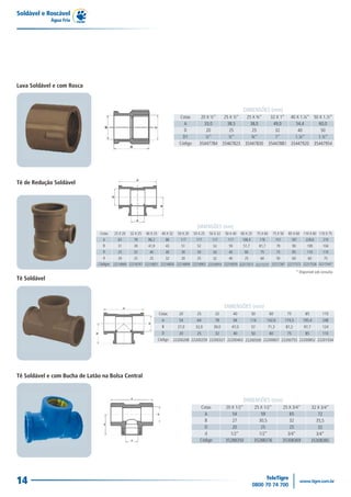 Soldável e Roscável
Água Fria
14
Cotas
A
B
D
d
Código
DIMENSÕES (mm)
20 X 1/2"
54
27
20
1/2”
35288350
25 X 1/2"
59
30,5
25
1/2”
35288376
25 X 3/4"
65
32
25
3/4”
35308369
32 X 3/4"
72
35,5
32
3/4”
35308385
Tê Soldável e com Bucha de Latão na Bolsa Central
Cotas
A
B
D
Código
DIMENSÕES (mm)
20
54
27,0
20
22200208
25
64
32,0
25
22200259
32
78
39,0
32
22200321
40
94
47,0
40
22200402
50
114
57
50
22200500
60
142,6
71,3
60
22200607
75
174,5
87,2
75
22200755
85
195,4
97,7
85
22200852
110
248
124
110
22201034
Tê Soldável
Luva Soldável e com Rosca
Cotas
A
D
D1
Código
DIMENSÕES (mm)
20 X ½''
33,0
20
½''
35447784
25 X ¾''
38,0
25
¾''
35447830
32 X 1”
49,0
32
1”
35447881
40 X 1.¼''
54,4
40
1.¼''
35447920
50 X 1.½''
60,0
50
1.½''
35447954
25 X ½'’
38,5
25
½'’
35467823
Tê de Redução Soldável
Cotas
A
B
D
d
Códigos
DIMENSÕES (mm)
32 X 25
78
39
32
25
22216767
40 X 32
86
43
40
32
22216830
50 X 20
117
51
50
20
22216899
50 X 25
117
52
50
25
22216902
50 X 32
117
53
50
32
22216910
50 X 40
117
59
40
40
22216929
75 X 50
151
79
75
50
22217267
85 X 60
187
90
85
60
22217372
110 X 60
228,6
109
110
60
22217526
25 X 20
63
31
25
20
22216660
40 X 25
86,2
41,9
40
25
22216821
60 X 25
108,4
51,7
60
25
22217011
75 X 60
176
81,7
75
60
22217275*
110 X 75
210
104
110
75
22217542*
* Disponível sob consulta.
 