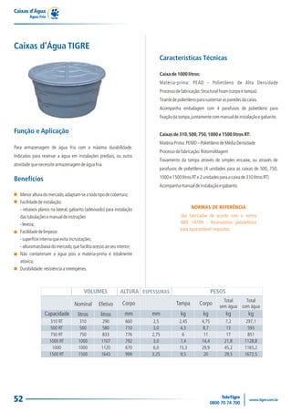 Caixas d’Água
Água Fria
52
Para armazenagem de água fria com a máxima durabilidade.
Indicadas para reservar a água em instalações prediais, ou outra
atividadequenecessitearmazenagemdeáguafria.
Função e Aplicação
Benefícios
Menoralturadomercado,adaptam-seatodotipodecobertura;
Facilidadedeinstalação:
- rebaixos planos na lateral, gabarito (adesivado) para instalação
dastubulaçõesemanualdeinstruções
-leveza;
Facilidadedelimpeza:
-superfícieinternaqueevitaincrustações;
- alturamaisbaixadomercado,quefacilitaacessoaoseuinterior;
Não contaminam a água pois a matéria-prima é totalmente
atóxica;
Durabilidade:resistênciaaintempéries.
Caixas de 310,500,750,1000 e 1500 litros RT:
MatériaPrima:PEMD–PolietilenodeMédiaDensidade
Processodefabricação:Rotomoldagem
Travamento da tampa através de simples encaixe, ou através de
parafusos de polietileno (4 unidades para as caixas de 500, 750,
1000e1500litrosRTe2unidadesparaacaixade310litrosRT)
Acompanhamanualdeinstalaçãoegabarito.
Caixa de 1000 litros:
Matéria-prima: PEAD - Polietileno de Alta Densidade
Processodefabricação:StructuralFoam(corpoetampa).
Tirantedepolietilenoparasustentarasparedesdacaixa.
Acompanha embalagem com 4 parafusos de polietileno para
fixaçãodatampa,juntamentecommanualdeinstalaçãoegabarito.
Características Técnicas
NORMAS DE REFERÊNCIA
São fabricadas de acordo com a norma
NBR 14799 - Reservatório poliolefínico
paraáguapotável:requisitos.
Caixas d’Água TIGRE
Capacidade
310 RT
500 RT
750 RT
1000 RT
1000
1500 RT
VOLUMES ALTURA PESOS
Nominal
litros
Efetivo
litros
Corpo
mm
310
500
750
1000
1000
1500
290
580
833
1107
1120
1643
660
710
776
792
670
999
2,5
3,0
2,75
3,0
6,0
3,25
Tampa
kg kg kg kg
Corpo
2,45
4,3
6
7,4
15,3
9,5
4,75
8,7
11
14,4
29,9
20
7,2
13
17
21,8
45,2
29,5
297,1
593
851
1128,8
1165,2
1672,5
ESPESSURAS
mm
Total
sem água
Total
com água
 