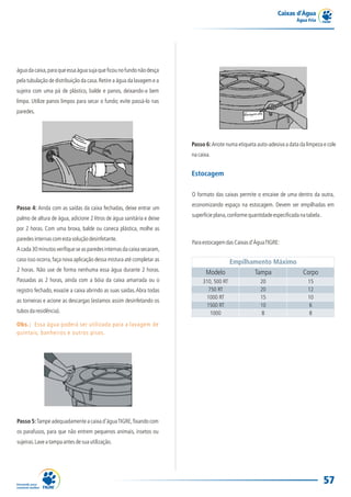 Caixas d’Água
Água Fria
57
Passo 4: Ainda com as saídas da caixa fechadas, deixe entrar um
palmo de altura de água, adicione 2 litros de água sanitária e deixe
por 2 horas. Com uma broxa, balde ou caneca plástica, molhe as
paredesinternascomestasoluçãodesinfetante.
Acada30minutosverifiqueseasparedesinternasdacaixasecaram,
caso isso ocorra,faça nova aplicação dessa mistura até completar as
2 horas. Não use de forma nenhuma essa água durante 2 horas.
Passadas as 2 horas, ainda com a bóia da caixa amarrada ou o
registro fechado, esvazie a caixa abrindo as suas saídas.Abra todas
as torneiras e acione as descargas (estamos assim desinfetando os
tubosdaresidência).
Passo 6:Anote numa etiqueta auto-adesiva a data da limpeza e cole
nacaixa.
Passo 5:Tampe adequadamente a caixa d'águaTIGRE,fixando com
os parafusos, para que não entrem pequenos animais, insetos ou
sujeiras.Laveatampaantesdesuautilização.
Obs.: Essa água poderá ser utilizada para a lavagem de
quintais, banheiros e outros pisos.
ParaestocagemdasCaixasd'ÁguaTIGRE:
O formato das caixas permite o encaixe de uma dentro da outra,
economizando espaço na estocagem. Devem ser empilhadas em
superfícieplana,conformequantidadeespecificadanatabela.
Estocagem
águadacaixa,paraqueessaáguasujaqueficounofundonãodesça
pela tubulação de distribuição da casa.Retire a água da lavagem e a
sujeira com uma pá de plástico, balde e panos, deixando-a bem
limpa. Utilize panos limpos para secar o fundo; evite passá-lo nas
paredes.
Modelo
310, 500 RT
750 RT
1000 RT
1500 RT
1000
Empilhamento Máximo
Tampa
20
20
15
10
8
Corpo
15
12
10
6
8
 