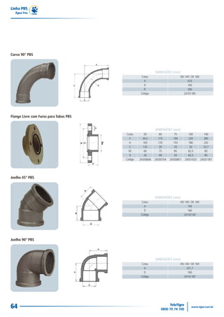 Linha PBS
Água Fria
64
Joelho 45° PBS
DIMENSÕES (mm)
DN 140 / DE 160
193
160
24142140
Cotas
A
D
Código
Joelho 90° PBS
DIMENSÕES (mm)
DN 140 / DE 160
231,7
160
24141187
Cotas
A
D
Código
Flange Livre com Furos para Tubos PBS
Cotas
F
A
C
DE
d
Código
DIMENSÕES (mm)
50
44,5
165
125
60
20
24350606
60
175
135
20
75
49
24350754
75
194
155
20
85
50
24350851
100
220
180
20
63,5
63,5
24351033
140
285
242
23,7
85
85
24351181
Curva 90° PBS
DIMENSÕES (mm)
DN 140 / DE 160
423
160
300
24101185
Cotas
A
D
R
Código
 