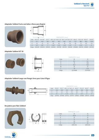 Soldável e Roscável
Água Fria
09
DIMENSÕES (mm)
Cotas
A
D
d
Códigos
20 X 1/2”
37,1
20
1/2”
22000209
25 X 3/4”
40,3
25
3/4”
22000250
32 X 1”
50,7
32
1”
22000322
40 X 1.1/4”
56,7
40
1.1/4”
22000403
40 X 1.1/2”
53,3
40
1.1/2”
22007939
50 X 1.1/4”
66,1
50
1.1/4”
22007947
50 X 1.1/2”
63
50
1.1/2”
22000500
60 X 2”
72,7
60
2”
22000608
75 X 2.1/2”
86,3
75
2.1/2”
22000756
85 X 3”
94,3
85
3”
22000853
110 X 4”
115,9
110
4”
22001035
Adaptador Soldável Curto com bolsa e Rosca para Registo
DIMENSÕES (mm)
Cotas
A
B
d
DE
L
Código
20
6,2
16
33,2
20
19
22219308
25
6,2
18,5
33,2
25
21,5
22219316
Adaptador Soldável JET 30
Cotas
A
D
d
Código
DIMENSÕES (mm)
25 X ¾”
255
25
¾”
22047833
32 X 1”
255
32
1”
22047884
40 X 1 .¼”
275
40
1. ¼”
22047922
50 X 1. ½”
275
50
1. ½”
22047957
60 X 2”
275
60
2”
22048023
75 X 2.½”
290
75
2.½”
22048082
85 X 3”
295
85
3”
22048139
110 X 4”
315
110
4”
22048180
Adaptador Soldável Longo com Flanges livres para Caixa D’Água
DIMENSÕES (mm)
20
14,25
20
15
2,8
20
22051202
25
17
20
15
3,5
25
22051253
Cotas
A
B
C
e
D
Código
Braçadeira para Tubo Soldável
 