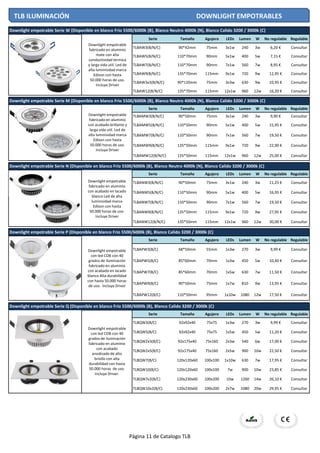 Serie Tamaño Agujero LEDs Lumen W No regulable Regulable
TLBAW3(B/N/C) 90*42mm 75mm 3x1w 240 3w 6,20 € Consultar
TLBAW5(B/N/C) 110*70mm 90mm 5x1w 400 5w 7,15 € Consultar
TLBAW7(B/N/C) 110*70mm 90mm 7x1w 560 7w 8,95 € Consultar
TLBAW9(B/N/C) 135*70mm 115mm 9x1w 720 9w 12,95 € Consultar
TLBAW3x3(B/N/C) 90*120mm 75mm 3x3w 630 9w 10,95 € Consultar
TLBAW12(B/N/C) 135*70mm 115mm 12x1w 960 12w 16,20 € Consultar
Serie Tamaño Agujero LEDs Lumen W No regulable Regulable
TLBAMW3(B/N/C) 90*50mm 75mm 3x1w 240 3w 9,90 € Consultar
TLBAMW5(B/N/C) 110*50mm 90mm 5x1w 400 5w 15,95 € Consultar
TLBAMW7(B/N/C) 110*50mm 90mm 7x1w 560 7w 19,50 € Consultar
TLBAMW9(B/N/C) 135*50mm 115mm 9x1w 720 9w 22,90 € Consultar
TLBAMW12(B/N/C) 135*50mm 115mm 12x1w 960 12w 25,00 € Consultar
Serie Tamaño Agujero LEDs Lumen W No regulable Regulable
TLBANW3(B/N/C) 90*50mm 75mm 3x1w 240 3w 11,25 € Consultar
TLBANW5(B/N/C) 110*50mm 90mm 5x1w 400 5w 16,95 € Consultar
TLBANW7(B/N/C) 110*50mm 90mm 7x1w 560 7w 19,50 € Consultar
TLBANW9(B/N/C) 135*50mm 115mm 9x1w 720 9w 27,95 € Consultar
TLBANW12(B/N/C) 135*50mm 115mm 12x1w 960 12w 30,00 € Consultar
Serie Tamaño Agujero LEDs Lumen W No regulable Regulable
TLBAPW3(B/C) 68*50mm 55mm 1x3w 270 3w 9,99 € Consultar
TLBAPW5(B/C) 85*60mm 70mm 1x3w 450 5w 10,40 € Consultar
TLBAPW7(B/C) 85*60mm 70mm 1x5w 630 7w 11,50 € Consultar
TLBAPW9(B/C) 90*50mm 75mm 1x7w 810 9w 13,95 € Consultar
TLBAPW12(B/C) 110*50mm 95mm 1x10w 1080 12w 17,50 € Consultar
Serie Tamaño Agujero LEDs Lumen W No regulable Regulable
TLBQW3(B/C) 92x92x40 75x75 1x3w 270 3w 9,99 € Consultar
TLBQW5(B/C) 92x92x40 75x75 1x5w 450 5w 11,20 € Consultar
TLBQW2x3(B/C) 92x175x40 75x160 2x3w 540 6w 17,00 € Consultar
TLBQW2x5(B/C) 92x175x40 75x160 2x5w 900 10w 22,50 € Consultar
TLBQW7(B/C) 120x120x60 100x100 1x10w 630 7w 17,95 € Consultar
TLBQW10(B/C) 120x120x60 100x100 7w 900 10w 23,85 € Consultar
TLBQW7x2(B/C) 120x230x60 100x200 10w 1260 14w 26,10 € Consultar
TLBQW10x2(B/C) 120x230x60 100x200 2x7w 1080 20w 29,95 € Consultar
Downlight empotrable Serie W (Disponible en blanco Frio 5500/6000k (B), Blanco Neutro 4000k (N), Blanco Calido 3200 / 3000k (C)
Downlight empotrable Serie M (Disponible en blanco Frio 5500/6000k (B), Blanco Neutro 4000k (N), Blanco Calido 3200 / 3000k (C)
Downlight empotrable Serie N (Disponible en blanco Frio 5500/6000k (B), Blanco Neutro 4000k (N), Blanco Calido 3200 / 3000k (C)
Downlight empotrable Serie P (Disponible en blanco Frio 5500/6000k (B), Blanco Calido 3200 / 3000k (C)
Downlight empotrable Serie Q (Disponible en blanco Frio 5500/6000k (B), Blanco Calido 3200 / 3000k (C)
Downlight empotrable
fabricado en aluminio
mate con alta
conductividad termica
y larga vida util. Led de
alta luminisidad marca
Edison con hasta
50.000 horas de uso.
Incluye Driver
TLB ILUMINACIÓN DOWNLIGHT EMPOTRABLES
Downlight empotrable
fabricado en aluminio
con acabado brillante y
larga vida util. Led de
alta luminisidad marca
Edison con hasta
50.000 horas de uso.
Incluye Driver
Downlight empotrable
fabricado en aluminio
con acabado en lacado
blanco Led de alta
luminisidad marca
Edison con hasta
50.000 horas de uso.
Incluye Driver
Downlight empotrable
con led COB con 40
grados de iluminación
fabricado en aluminio
con acabado en lacado
blanco Alta durabilidad
con hasta 50.000 horas
de uso. Incluye Driver
Downlight empotrable
con led COB con 40
grados de iluminación
fabricado en aluminio
con acabado
anodizado de alto
briollo con alta
durabilidad con hasta
50.000 horas de uso.
Incluye Driver.
Página 11 de Catalogo TLB
 