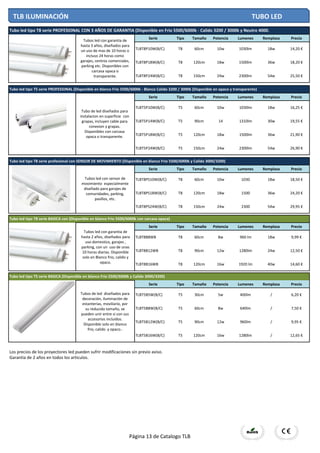 Serie Tipo Tamaño Potencia Lumenes Remplaza Precio
TLBT8P10W(B/C) T8 60cm 10w 1030lm 18w 14,20 €
TLBT8P18W(B/C) T8 120cm 18w 1500lm 36w 18,20 €
TLBT8P24W(B/C) T8 150cm 24w 2300lm 54w 25,50 €
Serie Tipo Tamaño Potencia Lumenes Remplaza Precio
TLBT5P10W(B/C) T5 60cm 10w 1030lm 18w 16,25 €
TLBT5P14W(B/C) T5 90cm 14 1310lm 30w 19,55 €
TLBT5P18W(B/C) T5 120cm 18w 1500lm 36w 21,90 €
TLBT5P24W(B/C) T5 150cm 24w 2300lm 54w 26,90 €
Serie Tipo Tamaño Potencia Lumenes Remplaza Precio
TLBT8PS10W(B/C) T8 60cm 10w 1030 18w 18,50 €
TLBT8PS18W(B/C) T8 120cm 18w 1500 36w 24,20 €
TLBT8PS24W(B/C) T8 150cm 24w 2300 54w 29,95 €
Serie Tipo Tamaño Potencia Lumenes Remplaza Precio
TLBT8B8WB T8 60cm 8w 960 lm 18w 9,99 €
TLBT8B12WB T8 90cm 12w 1280lm 24w 12,50 €
TLBT8B16WB T8 120cm 16w 1920 lm 40w 14,60 €
Serie Tipo Tamaño Potencia Lumenes Remplaza Precio
TLBT5B5W(B/C) T5 30cm 5w 400lm / 6,20 €
TLBT5B8W(B/C) T5 60cm 8w 640lm / 7,50 €
TLBT5B12W(B/C) T5 90cm 12w 960lm / 9,95 €
TLBT5B16W(B/C) T5 120cm 16w 1280lm / 12,65 €
Los precios de los proyectores led pueden sufrir modificaciones sin previo aviso.
Garantia de 2 años en todos los articulos.
Tubo led tipo T8 serie PROFESIONAL CON 3 AÑOS DE GARANTIA (Disponible en Frio 5500/6000k - Calido 3200 / 3000k y Neutro 4000.
Tubo led tipo T5 serie PROFESIONAL (Disponible en blanco Frio 5500/6000k - Blanco Calido 3200 / 3000k (Disponible en opaco y transparente)
Tubo led tipo T8 serie profesional con SENSOR DE MOVIMIENTO (Disponible en blanco Frio 5500/6000k y Calido 3000/3200)
Tubo led tipo T8 serie BASICA con (Disponible en blanco Frio 5500/6000k con carcasa opaca)
Tubo led tipo T5 serie BASICA (Disponible en blanco Frio 5500/6000k y Calido 3000/3200)
TLB ILUMINACIÓN TUBO LED
Tubos led con garantia de
hasta 3 años, diseñados para
un uso de mas de 10 horas o
incluso 24 horas como
garajes, centros comerciales,
parking etc. Disponibles con
carcasa opaca o
transparente.
Tubo de led diseñados para
instalacion en superficie con
grapas, incluyen cable para
conexion y grapas.
Disponibles con carcasa
opaca o transparente.
Tubos led con sensor de
movimiento especialmente
diseñado para garajes de
comunidades, parking,
pasillos, etc.
Tubos led con garantia de
hasta 2 años, diseñados para
uso domestico, garajes ,
parking, con un uso de unas
10 horas diarias. Disponible
solo en Blanco frio, calido y
opaco.
Tubos de led diseñados para
decoración, iluminación de
estanterias, moviliario, por
su reducido tamaño, se
pueden unir entre si con sus
accesorios incluidos.
Disponible solo en blanco
frio, calido y opaco..
Página 13 de Catalogo TLB
 