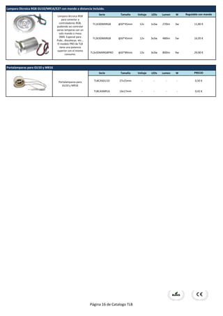 Serie Tamaño Voltaje LEDs Lumen W
Serie Tamaño Voltaje LEDs Lumen W
5w
TL3x3DMXRGBPRO φ50*89mm 12v 3x3w 800lm 9w
16,95 €
29,90 €
TL3X3DMXRGB φ50*45mm 12v 3x3w 480lm
Lampara Dicroica RGB GU10/MR16/E27 con mando a distancia incluido.
TL1X3DMXRGB φ50*45mm 12v 1x3w 270lm 3w 11,80 €
Regulable con mando
TLBCASMR16 14x17mm - - - -
Portalamparas para GU10 y MR16
TLBCASGU10 27x15mm - - - -
PRECIO
0,50 €
0,42 €
Lampara dicroica RGB
para conectar a
controladores RGB,
pudiendo asi controlar
varias lamparas con un
solo mando o mesa
DMX. Especial para
Pubs , discotecas. etc...
El modelo PRO de TLB
tiene una potencia
superior con el mismo
consumo.
Portalamparas para
GU10 y MR16
Página 16 de Catalogo TLB
 