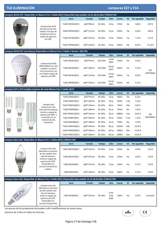 Serie Tamaño Voltaje LEDs Lumen W No regulable Regulable
Serie Tamaño Voltaje LEDs Lumen W No regulable Regulable
Serie Tamaño Voltaje LEDs Lumen W No regulable Regulable
Serie Tamaño Voltaje LEDs Lumen W No regulable Regulable
Serie Tamaño Voltaje LEDs Lumen W No regulable Regulable
Los precios de los proyectores led pueden sufrir modificaciones sin previo aviso.
Garantia de 2 años en todos los articulos.
4w 4,75 € 5,99 €TLBE14W4T(B/C) φ70*150mm 85-265v 9x1w 360lm
3w 3,99 € 5,20 €
TLBE14W4O(B/C) φ60*137mm 85-265v 7x1w 320lm 4w 4,75 € 5,99 €
TLBE14W3VT(B/C) φ39*107mm 85-265v 5x1w 270lm
Lampara tipo vela. Disponible en Blanco Frio / Calido (B/C) CONSULTAR
TLBE14W3VO(B/C) φ39*107mm 85-265v 3x1w 220lm 3w 3,99 € 5,20 €
25w 24,95 €
NO
DISPONIBLE
NO
DISPONIBLE
TLBE27SMD25(B/C) φ35*108mm 85-265v 165 pc 2300lm
16w 13,45 €
TLBE27SMD20(B/C) φ70*164mm 85-265v 102 pc 1400lm 20w 17,95 €
TLBE27SMD16(B/C) φ60*144mm 85-265v 86 pc 1200lm
7,5w 7,20 €
TLBE14SMD8(B/C) φ35*108mm 85-265v 42 pc 750lm 8w 7,50 €
TLBE14SMD7(B/C) φ32*102mm 85-265v 44 pc 520lm
8w 7,50 €
TLBE27SMD12(B/C) φ49*122mm 85-265v 60 pc 1080lm 12w 10,95 €
TLBE27SMD8(B/C) φ35*108mm 85-265v 42 pc 750lm
7,5w 7,20 €
TLBE27SMD10(B/C) φ49*126mm 85-265v 60 pc 720lm 10w 9,95 €
TLBE27SMD7(B/C) φ35*102mm 85-265v 44 pc 520lm
Lampara E27 y E14 modelo mazorca de maiz Blanco Frio / Calido (B/C)
TLBE27SMD5(B/C) φ35*97mm 85-265v 24 pc 400lm 5w 6,24 €
Lampara BULB E27. Disponible en Blanco Frio / Calido (B/C) Disponible bajo pedido 12,15,18,24,30w CONSULTAR
TLBE27W3W2(B/C) φ50*98mm 85-265v 3x1w 270lm 3w 3,80 € 5,95 €
4,69 € 6,80 €
TLBE27W7W2(B/C) φ60*137mm 85-265v 7x1w 630lm 7w 7,10 € 9,75 €
TLBE27W5W2(B/C) φ60*112mm 85-265v 5x1w 450lm 5w
8,95 € 11,25 €
Lampara BULB E27 serie Basica Disponible en Blanco Frio / Calido / Neutro. (B/C/N)
TLBE27B3W2(B/C) φ50*95mm 220-240v
14 led
2835
270lm 3w 3,50 €
TLBE27W9W2(B/C) φ70*150mm 85-265v 9x1w 810lm 9w
TLBE27B5W2(B/C) φ55*100mm 220-240v
20 led
2835
450lm 5w 4,10 €
4,95 €
TLBE27B9W2(B/C) φ65*110mm 220-240v
42 led
2835
810lm 9w 5,75 €
TLBE27B7W2(B/C) φ64*110mm 220-240v
33 led
2835
630lm 7w
Lampara tipo vela. Disponible en Blanco Frio / Calido (B/C) Disponible bajo pedido 12,15,18,24,30w CONSULTAR
TLBE14P3W(B/C) φ39*107mm 85-265v
6 led
0,5w
5630
220lm 3w 3,50 € Consultar
Lampara tipo Bulb
de aluminio de alta
calidad. Este tipo de
lamparas emite en
angulo de apertura
de 120º
TLB ILUMINACIÓN Lamparas E27 y E14
Lampara tipo Bulb
SERIE BASICA con alta
calidad a un precio
muy economico con
un amplico angulo de
apertura de 180º.
Lampara tipo
mazorca de maiz.
Este tipo de lamparas
emite en angulo de
apertura de 360º y
contruido con un
material de alta
resistencia.
Lampara tipo vela
fabricada en aluminio
de alta calidad. Este
tipo de lamparas
emite en angulo de
apertura de 120º.
Disponible con
carcasa transparente
y opaca.
Lampara tipo vela
fabricada en aluminio
de alta calidad. Este
tipo de lamparas
emite en angulo de
apertura de 120º.
Disponible con
carcasa transparente
Página 17 de Catalogo TLB
 