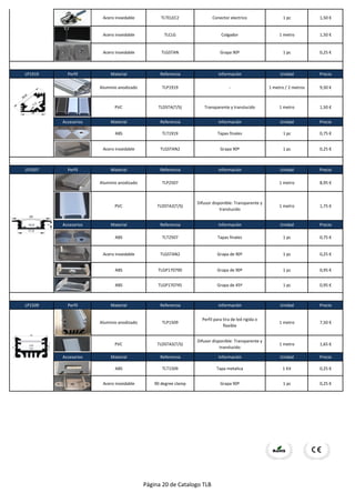 Acero inoxidable TLTELEC2 Conector electrico 1 pc 1,50 €
Acero inoxidable TLCLG Colgador 1 metro 1,50 €
Acero inoxidable TLGSTAN Grapa 90º 1 pc 0,25 €
LP1919 Perfil Material Referencia Información Unidad Precio
Aluminio anodizado TLP1919 - 1 metro / 2 metros 9,50 €
PVC TLDSTA(T/S) Transparente y translucido 1 metro 1,50 €
Accesorios Material Referencia Información Unidad Precio
ABS TLT1919 Tapas finales 1 pc 0,75 €
Acero inoxidable TLGSTAN2 Grapa 90º 1 pc 0,25 €
LP2507 Perfil Material Referencia Información Unidad Precio
Aluminio anodizado TLP2507 1 metro 8,95 €
PVC TLDSTA2(T/S)
Difusor disponible: Transparente y
translucido
1 metro 1,75 €
Accesorios Material Referencia Información Unidad Precio
ABS TLT2507 Tapas finales 1 pc 0,75 €
Acero inoxidable TLGSTAN2 Grapa de 90º 1 pc 0,25 €
ABS TLGP170790 Grapa de 90º 1 pc 0,95 €
ABS TLGP170745 Grapa de 45º 1 pc 0,95 €
LP1509 Perfil Material Referencia Información Unidad Precio
Aluminio anodizado TLP1509
Perfil para tira de led rigida o
flexible
1 metro 7,50 €
PVC TLDSTA5(T/S)
Difusor disponible: Transparente y
translucido
1 metro 1,65 €
Accesorios Material Referencia Información Unidad Precio
ABS TLT1509 Tapa metalica 1 Kit 0,25 €
Acero inoxidable 90 degree clamp Grapa 90º 1 pc 0,25 €
Página 20 de Catalogo TLB
 