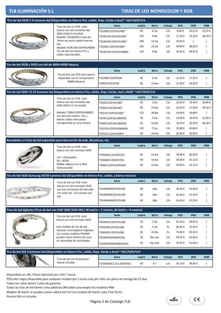 Serie Led/m W/m Voltaje IP21 IP65 IP68
T35286012(SP/65/68)* 60 4,7w 12v 8,00 € 10,25 € 22,32 €
T352812012(SP/65/68)* 120 9,4w 12v 11,50 € 14,20 € 28,74 €
T352824012(SP/65/68)* 240 19,2w 12v 29,95 € / /
T35240L12(SP/65/68)* 240 19,2w 12v 39,99 € 48,60 € /
T352812012(SP/65/68)BC 120 9,4w 12v 45,85 € 49,95 € /
Serie Led/m W/m Voltaje IP21 IP65 IP68
T35286012(SP/65)N 60 4,7w 12v 15,20 € 17,55 € /
T506012(SP/65)N 60 14,4w 12v 22,30 € 26,95 € /
Serie Led/m W/m Voltaje IP21 IP65 IP68
T503012(SP/65/68)* 30 7,2w 12v 10,50 € 13,40 € 30,96 €
T506012(SP/65/68)* 60 14,4w 12v 14,50 € 17,40 € 39,54 €
T5012012(SP/65/68)* 120 28,8w 12v 54,60 € 59,88 € /
T503012(SP/65/68)RGB 30 7,2w 12v 14,90 € 16,40 € 33,36 €
T506012(SP/65/68)RGB 60 14,4w 12v 18,70 € 20,30 € 40,56 €
T5012012(SP/65/68)RGB 120 7,2w 12v 55,80 € 61,80 € /
T5050/12/(SP/65)BYC 60 14,4w 12v 30,96 € 39,00 € /
Serie Led/m W/m Voltaje IP21 IP65 IP68
T505060/12UV(SP/65) 60 14,4w 12v 78,00 € 86,40 € /
T505060/12RS(SP/65) 60 14,4w 12v 39,00 € 42,12 € /
T5060/12(SP/65)RGBW 60 14,4w 12v 39,00 € 42,12 € /
Serie Led/m W/m Voltaje IP21 IP65 IP68
T5630W60B(SP/65/68) 60 18w 12v 39,36 € 45,90 € /
T5630W60C(SP/65/68) 60 18w 12v 41,40 € 47,20 € /
T5630W60N(SP/65/68) 60 18w 12v 41,40 € 47,20 € /
Serie Led/m W/m Voltaje IP21 IP65 IP68
T5030DIG12(SP/65/68) 30 7,2w 12v 45,20 € 49,95 € /
T50302811(SP/65/68) 30 7,2w 5v 69,90 € 75,30 € /
T50602811(SP/65/68) 60 14,4w 5v 79,40 € 83,55 € /
T5030PAOMAB(SP/65) 30 9w max 12v 59,95 € 62,00 € /
T5030PAOMARGB(SP/65) 30 6w max 12v 59,95 € 62,00 € /
Serie Led/m W/m Voltaje IP21 IP65 IP68
T335W60(B,C,R,V,A)(SP/65) 60 4,7 12v 35,10 € 39,95 € /
Disponibles en 24v. Precio adicional por rollo 7 euros.
PCB color negro disponible para cualquier modelo por 5 euros mas por rollo con plazo de entrega de 15 dias
Todos los rollos tienen 2 años de garantia
Todas las tiras de led tienen cinta adhesiva 3M doble cara exepto los modelos IP68
Modelo 30 led/m se pueden cortar cada 6 led (10 cm) modelo 60 led/m cada 3 led (5cm)
Precios IVA no incluido
Tiras de led digitales (Tiras de led con CHIP SMD 5050 2811 30 led/m = 5 metros, 60 led/m = 4 metros)
Tira de led 3528 3-4 lumenes led (Disponibles en blanco frio, calido, Rojo, Verde y Azul) *=B/C/N/R/V/A
Tira de led 5050 12-14 lumenes led (Disponibles en blanco frio, calido, Rojo, Verde, Azul y RGB) *=B/C/N/R/V/A
Novedades en tiras de led especiales para decoración de pub, discotecas, etc.
Tira de led 5630 Samsung 28/30 lumenes led (Disponibles en blanco frio, calido, y blanco neutro)
Tira de led 335 3 lumenes led (Disponibles en blanco frio, calido, Rojo, Verde y Azul) *=B/C/N/R/V/A
Tira de led 3528 y 5050 con led de 4000-4500k Neutra.
Tiras de led con PCB color
blanco con led montado tipo
SMD 3528 (3-4 lm/led)
Modelo T352824012 cinta de
16mm de ancho doble linea de
led.
Modelo 352812012(SP/65/68)BC
Tira de led con blanco frio y
calido seleccionable.
Tiras de led con PCB color
blanco con led montado tipo
SMD 5050 (12-14 lm/led)
Modelo T506012(SP/65/68)BYC
son led color blanco frio y
blanco calido intercalado
consiguiendo un tono neutro.
Tiras de led con PCB color
blanco con led montado 5050
UV = Ultravioleta
RS = ROSA
RGBW= Blanco Frio y RGB
Seleccionable.
Tiras de led con PCB color
blanco con led montado 5630
Las mas luminosas del mercado
con hasta 30 - 32 lumenes por
led.
Tiras de led con PCB color
blanco con led montado 5050
Este modelo de tira de led
necesita controladores Digitales.
Los nuevos modelos PAOMA
pueden hacer efectos de luces
sin necesidad de controlador
TLB ILUMINACIÓN S.L TIRAS DE LED MONOCOLOR Y RGB
Tiras de led con iluminación
lateral 3 lm/led
Tira de led con PCB color blanco
disponible con en temperatura
4000K (Neutro)
Página 3 de Catalogo TLB
 