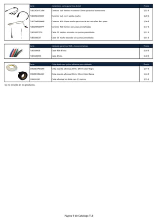 Serie Conectores varios para tiras de led Precio
TLBCJACK+C10M Conector Jack hembra + conector 10mm para tiras Monocromo 1,02 €
TLBCONJACK3M Conector Jack con 3 salidas macho 3,20 €
TLBCONRGBM4P Conector RGB 10mm macho para tiras de led con salida de 4 pines 1,04 €
TLBCONRGBHPP Conector RGB hembra con putas prestañeadas 0,72 €
TLBCABDCSTH Cable DC hembra estandar con puntas presoldadas 0,91 €
TLBCABDCST Cable DC macho estandar con puntas presoldadas 0,91 €
Serie Cableado para tiras RGB y monocromaticas Precio
TLBCABRGB Cable RGB 4 hilos 0,50 €
TLBCABMON Cable 2 hilos 0,30 €
Serie Cinta doble cara y cinta adhesiva para cableado. Precio
CIN20X19NEGRA Cinta aislante adhesiva 20mt x 19mm Color Negra 1,44 €
CIN20X19BLANC Cinta aislante adhesiva 20mt x 19mm Color Blanca 1,44 €
CINADH3M Cinta adhesiva 3m doble cara 3,5 metros 3,95 €
Iva no incluido en los productos.
Página 9 de Catalogo TLB
 