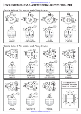www.PiscinasDesmontables.es

 FUNCIONES FILTRO DE ARENA - SAND FILTER FUNCTIONS - FONCTIONS FILTRE À SABLE

Cabezal 4 vías - 4 Way selector head - Vanne à 4 voies

                      POOL                                 POOL                                       POOL                                              POOL
 WASTE                                                                        WASTE
                                   WASTE                                                                              WASTE
         4                                 4                                          4
             3        1                                                                                                            4
                  2         PUMP               3               1       PUMP               3           1        PUMP                 3                   1
                                                       2                                          2                                            2                 PUMP




          WINTER                       BACKWASH                                         RINSE                                      FILTRATION
         INVIERNO                    CONTRALAVADO                                     ENJUAGUE                                     FILTRACION


Cabezal 6 vías - 6 Way selector head - Vanne à 6 voies
                           POOL                                        POOL                                   POOL                                               POOL
  WASTE           1                 WASTE                  1                   WASTE              1                     WASTE                       1
              3        4                           3               4                          3           4                                3                4
          0                                    0                                          0                                            0
              5       6                            5               6                          5                                            5
                  2                                        2                                      2                                                 2
                           PUMP                                        PUMP                                   PUMP                                               PUMP




          WINTER                           FILTRATION                             BACKWASH                                           RINSE
         INVIERNO                          FILTRACION                           CONTRALAVADO                                       ENJUAGUE


                           POOL                                        POOL                               POOL
  WASTE           1                  WASTE                 1                                      1
                                                                                                                       Medida skimmer
                                                   3               4           WASTE
              3        4                                                                  3           4               Skimmer measure
          0                                    0                                      0                               Mesurer skimmer
              5                                    5               6                      5           6
                  2                                        2                                      2
                                                                       PUMP
                           PUMP                                                                           PUMP                                      167
                                                                                                                                               60           60
                                                                                                                       180
                                                                                                                             141




                                                                                                                                                                             160
                                                                                                                                                                        52




                                                                                                                                                    148
                                                                                                                                                    185


          WASTE                        RECIRCULATE                CLOSED
         DESAGÜE                       CIRCULACIÓN               CERRADO                                                                                                     37
                                             www.PiscinasDesmontables.es
 