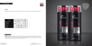 50
MANUTENÇÃO
COLOR
Indicado para cabelos coloridos. Prolonga o brilho e previne a alteração ou o desbotamento rápido da cor.
Condicionador Color - 300mlCódigo:
Shampoo Color - 300mlCódigo:
HOME CARE
ATIVO PRINCIPAL
Bio Affinity Complex: possui bioafinidade constitutiva com os fios, reforçando sua estrutura interna. Fornece elementos fito-nutrientes para
reparação da cutícula danificada, restaurando os cabelos danificados por processos químicos ou agressões externas (raios UV, vento, uso
excessivo do secador e prancha). Recupera a força, resistência e flexibilidade natural dos fios, deixando-os mais fortalecidos e macios. Prolonga
o brilho, previne pontas duplas, forma filme protetor e previne a alteração da cor.
Dica
Uma dupla de Shampoo
e Condicionador própria
para cabelos coloridos é
essencial para proteger
os fios de alterações
de cor e
desbote.
PROFISSIONAL
 