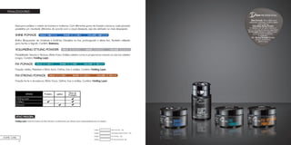 72
FINALIZADORES
Ideal para estilizar o cabelo de homens e mulheres. Com diferentes graus de fixação e textura, cada pomada
possibilita um resultado diferente, de acordo com o visual desejado, seja ele alinhado ou mais despojado.
SHINE POMADE
Brilho, Bloqueador de Umidade e Antifrizz. Disciplina os fios, prolongando o efeito liso. Também utilizada
para barba e bigode. Contém: Beeswax.
VOLUMIZING STYLING POWDER
Flexibilidade, Volume e Textura. Efeito Fosco. Estiliza cabelos curtos e proporciona volume na raiz em cabelos
longos. Contém: Holding Layer.
FIX POMADE
Fixação média, Maleável e Efeito fosco. Define, fixa e estiliza. Contém: Holding Layer.
FIX-STRONG POMADE
Fixação forte e duradoura. Efeito Fosco. Define, fixa e estiliza. Contém: Holding Layer.
HOME CARE
ATIVO PRINCIPAL
Holding Layer: resina formadora de filme flexível e condicionante, que oferece suave substantividade para os cabelos.
Fix-Strong Pomade- 55gCódigo:
Fix Pomade - 55gCódigo:
Volumizing Styling Powder - 10gCódigo:
Shine Pomade - 55gCódigo:
Dica
Shine Pomade: Óleo sólido para
polimento, proteção e brilho capilar.
ação antifrizz.
Volumizing Styling Powder:
Finalizador em pó para volume e
textura na raiz em poucos segundos!
Fix Pomade: Textura e efeito matte
para um look modelado
e estilizado.
Fix - Strong Pomade: Fixação
forte e duradoura.
Efeito Fosco.
PROFISSIONAL
 