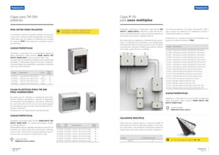 Tubelectric
®
Pág. 26
Tubelectric
®
Pág. 27
Características
Diseñadas y construidas con un termo plástico aislante de
última generación, según Normas: IRAM 62670, IEC
60670, IRAM 2346.
Caladora Múltiple
Diseño exclusivo. Calados exactos. Concentra el trabajo de
varios tipos de mecha de diferentes medidas, lo que impli-
ca un gran ahorro. Sus escalones de perforación realizan el
calado exacto para cada medida de conector Tubelectric®
.
Código Cantidad por caja
MM0100 12
Cajas para TM DIN
plásticas
IP65 Aptas para Pilastra
Construida en material termoplástico aislante con tapa fumé
y cierre clip con porta-precinto de seguridad. Son especial-
mente aptas para ser usadas a la intemperie por su grado
de protección IP65. Garantizado por su burlete de espuma
de poliuretano.
Características
Diseñadas y construidas con un termoplástico aislante de
última generación, según Normas: IRAM 62670, IEC
60670, IRAM 2346. Licencia de Sello IRAM (ver)
Son aptas para ser utilizadas en instalaciones domiciliarias fijas
embutidas ó sobrepuestas exteriores. Permiten el alojamien-
to de interruptores termomagnéticos, disyuntores, protectores
varios, etc., del formato DIN.
Código Descripción Color Maxi-
pack
04-5001G Caja para TM 4 Bocas IP 65 Gris 20
04-5001B Caja para TM 4 Bocas IP 65 Blanca 20
04-5000G Caja para TM 8 Bocas IP 65 Gris 12
04-5000B Caja para TM 8 Bocas IP 65 Blanca 12
Cajas plásticas para TM DIN
para sobreponer
Son aptas para ser utilizadas en instalaciones fijas sobre-
puestas interiores domiciliarias y permiten el alojamiento
de interruptores termomagnéticos, disyuntores, protectores,
etc., del formato DIN. En dos de sus caras tienen agujeros
pre-marcados de sección circular, para la instalación de co-
nectores Tubelectric®
.
Se fabrican con y sin tapa protectora de policarbonato.
Características
Diseñadas y construidas según Normas: IRAM 62670, IEC
60670, IRAM 2346, con material termoplástico aislante
de última generación.
Desarrolladas para ser utilizadas embutidas en todo tipo de
instalación fija, siendo aptas para construcción tradicional
como en seco, ofreciendo soluciones específicas para to-
dos los casos. Se proveen en colores blanco y gris.
Cód.
Blanco
Cód.
Gris
Descripción Maxi-
pack
04-5002B 04-5002G Caja ext. TM 2 bocas s/tapa 78
04-5003B 04-5003G Caja ext. TM 4 bocas s/tapa 36
04-5030B 04-5030G Caja ext. TM 8 bocas s/tapa 18
04-5004B 04-5004G Caja ext. TM 2 bocas c/tapa 72
04-5005B 04-5005G Caja ext. TM 4 bocas c/tapa 36
04-5031B 04-5031G Caja ext. TM 8 bocas c/tapa 18
Diseñadas, construidas y certificadas, según Norma IEC
60670 e IRAM 62670, ofreciendo un alto nivel de pro-
tección a la entrada de polvo y agua, brindando además una
alta resistencia al impacto y agentes químicos.
Son aptas para ser utilizadas en instalaciones fijas domici-
liarias o industriales tanto embutidas como sobrepuestas.
Están especialmente formuladas para el armado de tableros
de distribución, gabinetes múltiples para medición, tableros
seccionales, cajas de paso o montantes.
Las mismas se fabrican con cuerpo color gris RAL 7035 y
tapa o puerta con protección UV pudiendo ser opacas o
transparentes según los modelos.
Construidas con un burlete de espuma de poliuretano que
garantiza su grado de protección IP65.
Código Descripción
04-5006 Caja estanca modular 190x285x185 Tapa opaca
04-5008 Caja estanca modular 285x380x185 Tapa opaca
04-5007 Caja estanca modular 190x285x185 Tapa transp.
04-5009 Caja estanca modular 285x380x185 Tapa transp.
04-5010 Caja estanca modular 190x285x185 Puerta opaca
04-5012 Caja estanca modular 285x380x185 Puerta Opaca
04-5011 Caja estanca modular 190x285x185 Puerta transp.
04-5013 Caja estanca modular 285x380x185 Puerta transp.
04-5014 Caja 190x285x185 p/10 Bocas Puerta Opaca
04-5016 Caja 285x380x185 p/20 Bocas Puerta Opaca
04-5015 Caja 190x285x185 p/10 Bocas Puerta Cristal
04-5017 Caja 285x380x185 p/20 Bocas Puerta Cristal
04-5018 Kit de acople para caja estanca modular
04-5019 Bandeja metálica p/caja 185 x 285
04-5020 Bandeja metálica p/caja 285 x 380
04-5021 Bandeja plástica portamedidor p/caja 185 x 285
04-5022 Bandeja plástica portamedidor p/caja 285 x 380
Cajas IP 65
para usos múltiples
Licencia de Sello
IRAM DC-E-G11-003.5
Licencia de Sello
IRAM DC-E-G11-003.4
Ver Tips de Instalación páginas 28 / 29!
Complete su instalación utilizando los kit
de medición y puesta a tierra para pilar.
!
 