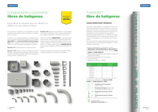 Tubelectric
®
Pág. 9
Canalizaciones y accesorios
libres de halógenos.
Tubelectric®
libre de halógenos.
CARACTERÍSTICAS TÉCNICAS
Tubo rígido, autoextinguible, no propagante de la llama, de-
sarrollado mediante el proceso de extrusión de un tecno po-
límero, libre de emisión de gases nocivos para personas y
materiales, produciendo baja contaminación visual por con-
centración de humos en presencia de fuego externo.
Desarrollado especialmente para ser utilizados en instala-
ciones antisísmicas y en todo aquel proyecto donde sea ne-
cesaria una canalización con una alta resistencia a la com-
presión.
Por sus características, está especialmente indicado para el
reemplazo directo de canalizaciones diseñadas con tubos
metálicos semi-pesados.
•	Normas utilizadas para su construcción y control:
	 IRAM 62386-1:2006,IRAM 62386-21, IEC 60754-2:1
•	Clasificación por aplicación de las Normas IRAM
62386-1 e IRAM 62386-21
•	Rigidez dieléctrica ensayada a 2000V durante 5 minutos sin
producir ruptura aislante.
•	Presentación: tubos rígidos de 3 mts. de largo.
•	Color: Gris Ral 7035
•	Resistencia a la aislación  100MS2
Código Nominal
Metros por
paquete
TR0016LH 16 102
TR0020LH 20 90
TR0022LH 22 60
TR0025LH 25 60
TR0032LH 32 45
TR0040LH 40 30
TR0050LH 50 15
Especialmente indicados para ser utilizados en
edificios de concurrencia masiva.
Son fabricados en Argentina, con termoplásticos de última
generación que registran ausencia absoluta de halógenos
en su formulación.
Cumplen con las condiciones fijadas por la Reglamentación
para la ejecución de instalaciones eléctricas en Inmuebles
AEA 90364 de la Asociación Electrotécnica Argen-
tina, Parte 7 - Reglas particulares para las instalaciones en
lugares y Locales especiales en las siguientes secciones:
Sección 771: viviendas, oficinas y locales (unitarios).
Sección 718: lugares y locales de pública concurrencia
(Shopping, grandes áreas comerciales, edificios públicos,
escuelas, universidades, estadios deportivos, estaciones de
ómnibus, trenes y subterráneos, etc.).
Sección 710: locales para usos médicos y salas externas
a los mismos (hospitales, clínicas, institutos de diagnóstico
por imágenes, dispensarios, consultorios médicos, etc.).
Pueden ser instalados EMBUTIDOS en losas de hormigón
(tanto en techos como en pisos), estando expresamente in-
dicados cuando se utilicen losas radiantes, columnas, vigas,
paredes, tabiques, construcción en seco en todas sus ver-
siones, etc., también pueden utilizarse SOBREPUESTOS
sobre cualquier superficie mediante los multiples tipos de
fijación.
Cuentan con protección contra la acción de rayos UV absolu-
tamente necesaria para su instalación a la intemperie.
Clasificación por aplicación de las Normas IRAM
62386-1 e IRAM 62386-21: 4422
Resistencia a la compresión
1250 N (125 kg).
Resistencia al impacto mayor a masa
de 2 kg desde una altura de 300 mm.
Temperatura de servicio mínima
-5º C
Temperatura de servicio máxima
90ºC
4
4
2
2
Licencia de Sello
IRAM DC-E-H30-004.1 (C1)
1250 N
Tubelectric
®
Pág. 8
 