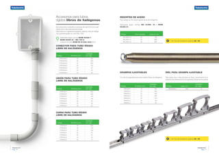 Tubelectric
®
Pág. 10
Tubelectric
®
Pág. 11
Accesorios para tubos
rígidos libres de halógenos
Conector para tubo rígido
libre de halógenos
Código Ø Interno mm
Cantidad
por caja
CTRG016LH 16 200
CTRG020LH 20 200
CTRG022LH 22 200
CTRG025LH 25 100
CTRG032LH 32 50
CTRG040LH 40 30
CTRG050LH 50 20
Unión para tubo rígido
libre de halógenos
Código Ø Interno mm
Cantidad
por caja
UTR016LH 16 200
UTR020LH 20 200
UTR022LH 22 100
UTR025LH 25 100
UTR032LH 32 50
UTR040LH 40 30
UTR050LH 50 20
Son producidos mediante un proceso de inyección con la apli-
cación de la más avanzada tecnología.
Fabricados en material termoplástico aislante y libre de halóge-
nos, autoextinguible, en color RAL 7035.
Grampas ajustables
Con clip de seguridad para tubos rígidos libres de halógenos.
Código Ø Interno mm
Cantidad
por caja
GRA16LH 16 300
GRA20LH 20 300
GRA22LH 22 200
GRA25LH 25 200
GRA32LH 32 100
GRA40LH 40 100
GRA50LH 50 50
Curva para tubo rígido
libre de halógenos
Código Ø Interno mm
Cantidad
por caja
VTR016LH 16 200
VTR020LH 20 100
VTR022LH 22 100
VTR025LH 25 50
VTR032LH 32 25
VTR040LH 40 20
VTR050LH 50 10
Resortes de acero
Para doblar en frío tubos rígidos libres de halógenos.
Fabricados según normas IEC 61386- 21 e IRAM
62386-21.
Código Para medidas Largo en mm
RS 0020 LH 20 700
RS 0022 LH 22 800
RS 0025 LH 25 800
Riel para grampa ajustablE
Para alojar dos o más grampas en línea, aumentando la re-
sistencia de adherencia en la superficie donde se encuentre.
Código Largo mm
Cantidad
por caja
RGA0600LH 600 30
Fabricadas según normas IRAM 62326-1;
IRAM 62386-21 e IEC 754-2
Licencia de Sello IRAM DC-E-H30-004.1 (C1)
Ver Tips de Instalación páginas 28 / 29!
Ver Tips de Instalación páginas 28 / 29!
 