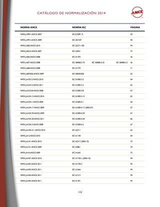 CCAATTÁÁLLOOGGOO DDEE NNOORRMMAALLIIZZAACCIIÓÓNN 22001144
112
NORMA ANCE NORMA IEC PÁGINA
NMX-J-599/1-ANCE-2007 IEC/CISPR 15 50
NMX-J-599-2-ANCE-2009 IEC 601547 50
NMX-J-600-ANCE-2010 IEC 62271-100 94
NMX-J-602/3-ANCE-2007 IEC 62041 75
NMX-J-606-ANCE-2008 IEC 61293 56
NMX-J-607-ANCE-2008 IEC 60068-2-75 IEC 60068-2-32 IEC 60068-2-2 56
NMX-J-608-ANCE-2008 IEC 61770 71
NMX-J-609-826-ANCE-2009 IEC 60050-826 63
NMX-J-610/3-2-ANCE-2010 IEC 61000-3-2 64
NMX-J-610/3-3-ANCE-2011 IEC 61000-3-3 65
NMX-J-610/3-8-ANCE-2008 IEC 61000-3-8 67
NMX-J-610/3-12-ANCE-2010 IEC 61000-3-12 65
NMX-J-610/4-1-ANCE-2009 IEC 61000-4-1 64
NMX-J-610/4-17-ANCE-2009 IEC 61000-4-17 (2002-07) 67
NMX-J-610/4-29-ANCE-2009 IEC 61000-4-29 67
NMX-J-610/4-30-ANCE-2011 IEC 61000-4-30 66
NMX-J-610/6-2-ANCE-2008 IEC 61000-6-2 67
NMX-J-610/6-311-ANCE-2010 IEC 62311 65
NMX-J-612-ANCE-2010 IEC 61140 64
NMX-J-614/1-ANCE-2010 IEC 62217 (2005-10) 75
NMX-J-615/1-ANCE-2009 IEC 62861 29
NMX-J-616-ANCE-2009 IEC 61642 75
NMX-J-618/1-ANCE-2010 IEC 61730-1 (2004-10). 94
NMX-J-618/2-ANCE-2011 IEC 61730-2 94
NMX-J-618/3-ANCE-2011 IEC 61646 94
NMX-J-618/4-ANCE-2011 IEC 61215 94
NMX-J-618/5-ANCE-2011 IEC 61701 95
 