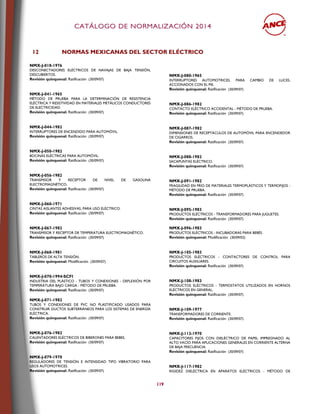 CCAATTÁÁLLOOGGOO DDEE NNOORRMMAALLIIZZAACCIIÓÓNN 22001144
119
12 NORMAS MEXICANAS DEL SECTOR ELÉCTRICO
NMX-J-018-1976
DESCONECTADORES ELÉCTRICOS DE NAVAJAS DE BAJA TENSIÓN,
DESCUBIERTOS.
Revisión quinquenal: Ratificación (30/09/07)
NMX-J-041-1965
MÉTODO DE PRUEBA PARA LA DETERMINACIÓN DE RESISTENCIA
ELÉCTRICA Y RESISTIVIDAD EN MATERIALES METÁLICOS CONDUCTORES
DE ELECTRICIDAD.
Revisión quinquenal: Ratificación (30/09/07)
NMX-J-044-1982
INTERRUPTORES DE ENCENDIDO PARA AUTOMÓVIL.
Revisión quinquenal: Ratificación (30/09/07)
NMX-J-050-1982
BOCINAS ELÉCTRICAS PARA AUTOMÓVIL.
Revisión quinquenal: Ratificación (30/09/07)
NMX-J-056-1982
TRANSMISOR Y RECEPTOR DE NIVEL DE GASOLINA
ELECTROMAGNÉTICO.
Revisión quinquenal: Ratificación (30/09/07)
NMX-J-060-1971
CINTAS AISLANTES ADHESIVAS, PARA USO ELÉCTRICO.
Revisión quinquenal: Ratificación (30/09/07)
NMX-J-067-1982
TRANSMISOR Y RECEPTOR DE TEMPERATURA ELECTROMAGNÉTICO.
Revisión quinquenal: Ratificación (30/09/07)
NMX-J-068-1981
TABLEROS DE ALTA TENSIÓN.
Revisión quinquenal: Modificación (30/09/07)
NMX-J-070-1994-SCFI
INDUSTRIA DEL PLÁSTICO - TUBOS Y CONEXIONES - DEFLEXIÓN POR
TEMPERATURA BAJO CARGA - MÉTODO DE PRUEBA.
Revisión quinquenal: Ratificación (30/09/07)
NMX-J-071-1982
TUBOS Y CONEXIONES DE PVC NO PLASTIFICADO USADOS PARA
CONSTRUIR DUCTOS SUBTERRÁNEOS PARA LOS SISTEMAS DE ENERGÍA
ELÉCTRICA.
Revisión quinquenal: Ratificación (30/09/07)
NMX-J-076-1982
CALENTADORES ELÉCTRICOS DE BIBERONES PARA BEBES.
Revisión quinquenal: Ratificación (30/09/07)
NMX-J-079-1970
REGULADORES DE TENSIÓN E INTENSIDAD TIPO VIBRATORIO PARA
USOS AUTOMOTRICES.
Revisión quinquenal: Ratificación (30/09/07)
NMX-J-080-1965
INTERRUPTORES AUTOMOTRICES, PARA CAMBIO DE LUCES,
ACCIONADOS CON EL PIE.
Revisión quinquenal: Ratificación (30/09/07)
NMX-J-086-1982
CONTACTO ELÉCTRICO ACCIDENTAL - MÉTODO DE PRUEBA.
Revisión quinquenal: Ratificación (30/09/07)
NMX-J-087-1982
DIMENSIONES DE RECEPTÁCULOS DE AUTOMÓVIL PARA ENCENDEDOR
DE CIGARROS.
Revisión quinquenal: Ratificación (30/09/07)
NMX-J-088-1982
SACAPUNTAS ELÉCTRICO.
Revisión quinquenal: Ratificación (30/09/07)
NMX-J-091-1982
FRAGILIDAD EN FRÍO DE MATERIALES TERMOPLÁSTICOS Y TERMOFIJOS -
MÉTODO DE PRUEBA.
Revisión quinquenal: Ratificación (30/09/07)
NMX-J-095-1983
PRODUCTOS ELÉCTRICOS - TRANSFORMADORES PARA JUGUETES.
Revisión quinquenal: Ratificación (30/09/07)
NMX-J-096-1983
PRODUCTOS ELÉCTRICOS - INCUBADORAS PARA BEBÉS.
Revisión quinquenal: Modificación (30/09/02)
NMX-J-105-1983
PRODUCTOS ELÉCTRICOS - CONTACTORES DE CONTROL PARA
CIRCUITOS AUXILIARES.
Revisión quinquenal: Ratificación (30/09/07)
NMX-J-108-1983
PRODUCTOS ELÉCTRICOS - TERMOSTATOS UTILIZADOS EN HORNOS
ELÉCTRICOS EN GENERAL.
Revisión quinquenal: Ratificación (30/09/07)
NMX-J-109-1977
TRANSFORMADORES DE CORRIENTE.
Revisión quinquenal: Ratificación (30/09/07)
NMX-J-113-1970
CAPACITORES FIJOS CON DIELÉCTRICO DE PAPEL IMPREGNADO AL
ALTO VACÍO PARA APLICACIONES GENERALES EN CORRIENTE ALTERNA
DE BAJA FRECUENCIA.
Revisión quinquenal: Ratificación (30/09/07)
NMX-J-117-1982
RIGIDEZ DIELÉCTRICA EN APARATOS ELÉCTRICOS - MÉTODO DE
 