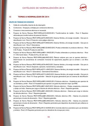 CCAATTÁÁLLOOGGOO DDEE NNOORRMMAALLIIZZAACCIIÓÓNN 22001144
122
13 TEMAS A NORMALIZAR EN 2014
GGRRUUPPOO DDEE TTRRAABBAAJJOO DDEE CCOONNAANNCCEE
1. Celdas de combustible y baterías de alto desempeño
2. Conductores – Empaques y embalaje para conductores eléctricos.
3. Contactos e interconexiones eléctricas en nanoescala.
4. Proyecto de Norma Mexicana PROY-NMX-J-615/3-ANCE-2013, Transformadores de medida – Parte 3: Requisitos
adicionales para transformadores de potencial inductivo.
5. Proyecto de Norma Mexicana PROY-NMX-J-657/5-ANCE-2012, Sistemas híbridos y de energía renovable – Guía para la
electrificación rural - Parte 5: Protección contra peligros eléctricos.
6. Proyecto de Norma Mexicana PROY-NMX-J-657/7-ANCE-2012, Sistemas híbridos y de energía renovable – Guía para la
electrificación rural – Parte 7: Generadores.
7. Proyecto de Norma Mexicana PROY-NMX-J-648/2-32-ANCE-2012, Pruebas ambientales en productos eléctricos – Parte
2-32: Pruebas – Prueba Ed: Pruebas de caída libre.
8. Proyecto de Norma Mexicana PROY-NMX-J-648/3-1-ANCE-2012, Pruebas ambientales en productos eléctricos – Parte
3-1: Información básica – Pruebas de frío y de calor seco.
9. Proyecto de Norma Mexicana PROY-NMX-J-666-ANCE-2012, Plásticos celulares para usos en aparatos eléctricos -
Determinación de características de combustión horizontal de especímenes pequeños que se someten a una flama
pequeña.
10. Proyecto de Norma Mexicana PROY-NMX-J-657/6-ANCE-2013, Sistemas híbridos y de energía renovable - Guía para la
electrificación rural – Parte 6: Aceptación, operación, mantenimiento y reemplazo.
11. Proyecto de Norma Mexicana PROY-NMX-J-657/7-1-ANCE-2013, Sistemas híbridos y de energía renovable – Guía para la
electrificación rural – Parte 7:1: Generadores - Generadores fotovoltaicos.
12. Proyecto de Norma Mexicana PROY-NMX-J-657/7-3-ANCE-2013, Sistemas híbridos y de energía renovable - Guía para la
electrificación rural – Parte 7-3: Grupo generador - Selección de grupos generadores para los sistemas de electrificación
rural.
13. Proyecto de Norma Mexicana PROY-NMX-J-658/2-3-ANCE-2013, Productos eléctricos - Acopladores para aparatos de
uso doméstico y similar - Parte 2-3: Acopladores para aparatos con grado de protección mayor que IPX0.
14. Proyecto de Norma Mexicana PROY-NMX-J-683/1-ANCE-2013, Vehículos eléctricos – Clavijas, receptáculos, conectores
y clavijas con brida - Sistemas para carga no inductiva de vehículos eléctricos – Parte 1: Requisitos generales.
15. Proyecto de Norma Mexicana PROY-NMX-J-684/1-ANCE-2013, Vehículos eléctricos – Sistemas para carga no inductiva
de vehículos eléctricos – Parte 1: Requisitos generales.
16. Proyecto de Norma Mexicana PROY-NMX-J-668/1-ANCE-2013, Vehículos eléctricos (VE) – Sistemas de protección
personal para circuitos de alimentación – Parte 1: Requisitos generales.
17. Proyecto de Norma Mexicana PROY-NMX-J-668/2-ANCE-2013, Vehículos eléctricos (VE) – Sistemas de protección
personal para circuitos de alimentación – Parte 2: Requisitos particulares para dispositivos de protección para utilizarse en
sistemas de carga.
18. Proyecto de Norma Mexicana PROY-NMX-J-591/2-10-ANCE-2013, Controles eléctricos automáticos para uso doméstico
y similares - Parte 2-10: Requisitos particulares para los relevadores de arranque para motor.
 