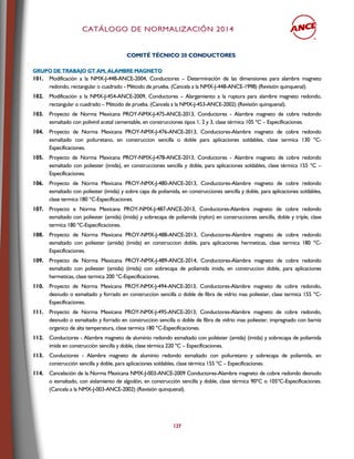 CCAATTÁÁLLOOGGOO DDEE NNOORRMMAALLIIZZAACCIIÓÓNN 22001144
127
CCOOMMIITTÉÉ TTÉÉCCNNIICCOO 2200 CCOONNDDUUCCTTOORREESS
GGRRUUPPOO DDEE TTRRAABBAAJJOO GGTT AAMM,, AALLAAMMBBRREE MMAAGGNNEETTOO
101. Modificación a la NMX-J-448-ANCE-2004, Conductores – Determinación de las dimensiones para alambre magneto
redondo, rectangular o cuadrado - Método de prueba. (Cancela a la NMX-J-448-ANCE-1998) (Revisión quinquenal).
102. Modificación a la NMX-J-454-ANCE-2009, Conductores – Alargamiento a la ruptura para alambre magneto redondo,
rectangular o cuadrado – Método de prueba. (Cancela a la NMX-J-453-ANCE-2002) (Revisión quinquenal).
103. Proyecto de Norma Mexicana PROY-NMX-J-475-ANCE-2013, Conductores - Alambre magneto de cobre redondo
esmaltado con polivinil acetal cementable, en construcciones tipos 1, 2 y 3, clase térmica 105 °C – Especificaciones.
104. Proyecto de Norma Mexicana PROY-NMX-J-476-ANCE-2013, Conductores-Alambre magneto de cobre redondo
esmaltado con poliuretano, en construccion sencilla o doble para aplicaciones soldables, clase termica 130 °C-
Especificaciones.
105. Proyecto de Norma Mexicana PROY-NMX-J-478-ANCE-2013, Conductores - Alambre magneto de cobre redondo
esmaltado con poliester (imida), en construcciones sencilla y doble, para aplicaciones soldables, clase térmica 155 °C –
Especificaciones.
106. Proyecto de Norma Mexicana PROY-NMX-J-480-ANCE-2013, Conductores-Alambre magneto de cobre redondo
esmaltado con poliester (imida) y sobre capa de poliamida, en construcciones sencilla y doble, para aplicaciones soldables,
clase termica 180 °C-Especificaciones.
107. Proyecto e Norma Mexicana PROY-NMX-J-487-ANCE-2013, Conductores-Alambre magneto de cobre redondo
esmaltado con poliester (amida) (imida) y sobrecapa de poliamida (nylon) en construcciones sencilla, doble y triple, clase
termica 180 ºC-Especificaciones.
108. Proyecto de Norma Mexicana PROY-NMX-J-488-ANCE-2013, Conductores-Alambre magneto de cobre redondo
esmaltado con poliester (amida) (imida) en construccion doble, para aplicaciones hermeticas, clase termica 180 °C-
Especificaciones.
109. Proyecto de Norma Mexicana PROY-NMX-J-489-ANCE-2014, Conductores-Alambre magneto de cobre redondo
esmaltado con poliester (amida) (imida) con sobrecapa de poliamida imida, en construccion doble, para aplicaciones
hermeticas, clase termica 200 °C-Especificaciones.
110. Proyecto de Norma Mexicana PROY-NMX-J-494-ANCE-2013, Conductores-Alambre magneto de cobre redondo,
desnudo o esmaltado y forrado en construccion sencilla o doble de fibra de vidrio mas poliester, clase termica 155 °C-
Especificaciones.
111. Proyecto de Norma Mexicana PROY-NMX-J-495-ANCE-2013, Conductores-Alambre magneto de cobre redondo,
desnudo o esmaltado y forrado en construccion sencilla o doble de fibra de vidrio mas poliester, impregnado con barniz
organico de alta temperatura, clase termica 180 °C-Especificaciones.
112. Conductores - Alambre magneto de aluminio redondo esmaltado con poliéster (amida) (imida) y sobrecapa de poliamida
imida en construcción sencilla y doble, clase térmica 220 ºC – Especificaciones.
113. Conductores - Alambre magneto de aluminio redondo esmaltado con poliuretano y sobrecapa de poliamida, en
construcción sencilla y doble, para aplicaciones soldables, clase térmica 155 ºC – Especificaciones.
114. Cancelación de la Norma Mexicana NMX-J-003-ANCE-2009 Conductores-Alambre magneto de cobre redondo desnudo
o esmaltado, con aislamiento de algodón, en construcción sencilla y doble, clase térmica 90ºC o 105ºC-Especificaciones.
(Cancela a la NMX-J-003-ANCE-2002) (Revisión quinquenal).
 