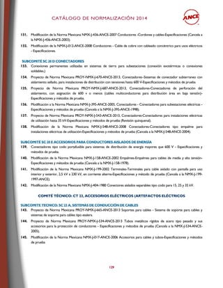 CCAATTÁÁLLOOGGOO DDEE NNOORRMMAALLIIZZAACCIIÓÓNN 22001144
129
131. Modificación de la Norma Mexicana NMX-J-436-ANCE-2007 Conductores -Cordones y cables-Especificaciones (Cancela a
la NMX-J-436-ANCE-2003).
132. Modificación de la NMX-J-012-ANCE-2008 Conductores - Cable de cobre con cableado concéntrico para usos eléctricos
- Especificaciones.
SSUUBBCCOOMMIITTÉÉ SSCC 2200 DD CCOONNEECCTTAADDOORREESS
133. Conexiones permanentes utilizadas en sistemas de tierra para subestaciones (conexión exotérmicas o conexiones
soldables.)
134. Proyecto de Norma Mexicana PROY-NMX-J-670-ANCE-2013, Conectadores–Sistemas de conectador subterraneo con
aislamiento sellado, para instalaciones de distribución con tensiones hasta 600 V-Especificaciones y métodos de prueba
135. Proyecto de Norma Mexicana PROY-NMX-J-687-ANCE-2013, Conectadores-Conectadores de perforación del
aislamiento, con asignación de 600 v o menos (cables multiconductores para distribución área en baja tensión)-
Especificaciones y métodos de prueba.
136. Modificación a la Norma Mexicana NMX-J-395-ANCE-2005, Conectadores - Conectadores para subestaciones eléctricas -
Especificaciones y métodos de prueba (Cancela a la NMX-J-395-ANCE-1998).
137. Proyecto de Norma Mexicana PROY-NMX-J-543-ANCE-2013, Conectadores-Conectadores para instalaciones eléctricas
de utilización hasta 35 kV-Especificaciones y métodos de prueba (Revisión quinquenal).
138. Modificación de la Norma Mexicana NMX-J-548-ANCE-2008 Conectadores-Conectadores tipo empalme para
instalaciones eléctricas de utilización-Especificaciones y métodos de prueba (Cancela a la NMX-J-548-ANCE-2004).
SSUUBBCCOOMMIITTÉÉ SSCC 2200 EE AACCCCEESSOORRIIOOSS PPAARRAA CCOONNDDUUCCTTOORREESS AAIISSLLAADDOOSS DDEE EENNEERRGGÍÍAA
139. Conectadores tipo codo portafusible para sistemas de distribución de energía mayores que 600 V - Especificaciones y
métodos de prueba.
140. Modificación de la Norma Mexicana NMX-J-158-ANCE-2002 Empalmes-Empalmes para cables de media y alta tensión-
Especificaciones y métodos de prueba (Cancela a la NMX-J-158-1978).
141. Modificación de la Norma Mexicana NMX-J-199-2002 Terminales-Terminales para cable aislado con pantalla para uso
interior y exterior, 2,5 kV a 230 kV, en corriente alterna-Especificaciones y método de prueba (Cancela a la NMX-J-199-
1997-ANCE).
142. Modificación de la Norma Mexicana NMX-J-404-1980 Conectores aislados separables tipo codo para 15, 25 y 35 kV.
CCOOMMIITTÉÉ TTÉÉCCNNIICCOO:: CCTT 2233,, AACCCCEESSOORRIIOOSS EELLÉÉCCTTRRIICCOOSS ((AARRTTEEFFAACCTTOOSS EELLÉÉCCTTRRIICCOOSS
SSUUBBCCOOMMIITTEE TTEECCNNIICCOO:: SSCC 2233 AA,, SSIISSTTEEMMAASS DDEE CCOONNDDUUCCCCIIÓÓNN DDEE CCAABBLLEESS
143. Proyecto de Norma Mexicana PROY-NMX-J-665-ANCE-2013 Soportes para cables - Sistema de soporte para cables y
sistemas de soporte para cables tipo esalera.
144. Proyecto de Norma Mexicana PROY-NMX-J-534-ANCE-2013 Tubos metálicos rígidos de acero tipo pesado y sus
accesorios para la protección de conductores - Especificaciones y métodos de prueba (Cancela a la NMX-J-534-ANCE-
2005).
145. Modificación de la Norma Mexicana NMX-J-017-ANCE-2006 Accesorios para cables y tubos-Especificaciones y métodos
de prueba
 