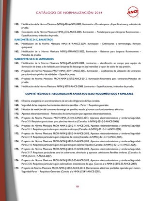 CCAATTÁÁLLOOGGOO DDEE NNOORRMMAALLIIZZAACCIIÓÓNN 22001144
131
159. Modificación de la Norma Mexicana NMX-J-024-ANCE-2005, Iluminación - Portalámparas - Especificaciones y métodos de
prueba.
160. Cancelación de la Norma Mexicana NMX-J-325-ANCE-2005, Iluminación – Portalámparas para lámparas fluorescentes –
Especificaciones y métodos de prueba.
SSUUBBCCOOMMIITTÉÉ:: SSCC 3344 CC,, BBAALLAASSTTRROOSS
161. Modificación de la Norma Mexicana NMX-J-619-ANCE-2009, Iluminación - Definiciones y terminología. Revisión
quinquenal
162. Modificación de la Norma Mexicana NMX-J-198-ANCE-2005, Iluminación - Balastros para lámparas fluorescentes -
Métodos de prueba.
SSUUBBCCOOMMIITTÉÉ:: SSCC 3344 DD,, LLUUMMIINNAARRIIOOSS
163. Modificación de la Norma Mexicana NMX-J-605-ANCE-2008, Luminarios - Identificación en campo para equipo de
iluminación de áreas y de vialidades con lámparas de descarga en alta intensidad y vapor de sodio de baja presión.
164. Proyecto de Norma Mexicana PROY-NMX-J-507/1-ANCE-2013, Iluminación – Coeficientes de utilización de luminarios
para alumbrado público de vialidades – Especificaciones.
165. Proyecto de Norma Mexicana PROY-NMX-J-507/2-ANCE-2012, Iluminación-Fotometría para luminarios-Métodos de
prueba.
166. Modificación de la Norma Mexicana NMX-J-307/1-ANCE-2008, Luminarios - Especificaciones y métodos de prueba.
CCOOMMIITTÉÉ TTÉÉCCNNIICCOO 6611 SSEEGGUURRIIDDAADD EENN AAPPAARRAATTOOSS EELLEECCTTRROODDOOMMÉÉSSTTIICCOOSS YY SSIIMMIILLAARREESS
167. Eficiencia energética en acondicionadores de aire de refrigerante de flujo variable.
168. Seguridad de las máquinas herramientas eléctricas semifijas – Parte 1: Requisitos generales.
169. Métodos de medición del consumo de energía de parrillas, estufas y hornos con funcionamiento eléctrico.
170. Aparatos electrodomésticos - Protocolos de comunicación para aparatos electrodomésticos.
171. Proyecto de Norma Mexicana PROY-NMX-J-521/2-3-ANCE-2013, Aparatos electrodomésticos y similares-Seguridad-
Parte 2-3: Requisitos particulares para planchas eléctricas (Cancela a la NMX-J-521/2-3-ANCE-2006).
172. Proyecto de Norma Mexicana PROY-NMX-J-521/2-11-ANCE-2013, Aparatos electrodomésticos y similares-Seguridad-
Parte 2-11: Requisitos particulares para secadoras de ropa (Cancela a la NMX-J-521/2-11-ANCE-2008).
173. Proyecto de Norma Mexicana PROY-NMX-J-521/2-14-ANCE-2013, Aparatos electrodomésticos y similares-Seguridad-
Parte 2-14: Requisitos particulares para máquinas de cocina (Cancela a la NMX-J-521/2-14-ANCE-2005).
174. Proyecto de Norma Mexicana PROY-NMX-J-521/2-15-ANCE-2013, Aparatos electrodomésticos y similares-Seguridad-
Parte 2-15: Requisitos particulares para los aparatos para calentar líquidos (Cancela a la NMX-J-521/2-15-ANCE-2006).
175. Proyecto de Norma Mexicana PROY-NMX-J-521/2-17-ANCE-2013, Aparatos electrodomésticos y similares-Seguridad-
Parte 2-17: Requisitos particulares para los cobertores, almohadas y aparatos calefactores flexibles similares. (Cancela a la
NMX-J-521/2-17-ANCE-2007).
176. Proyecto de Norma Mexicana PROY-NMX-J-521/2-35-ANCE-2013, Aparatos electrodomésticos y similares-Seguridad-
Parte 2-35: Requisitos particulares para calentadores instantáneos de agua. (Cancela a la NMX-J-521/2-35-ANCE-2007).
177. Proyecto de Norma Mexicana PROY-NMX-J-524/1-ANCE-2012, Herramientas eléctricas portátiles operadas por motor-
Seguridad-Parte 1: Requisitos Generales (Cancela a la NMX-J-524/1-ANCE-2005).
 