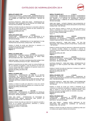 CCAATTÁÁLLOOGGOO DDEE NNOORRMMAALLIIZZAACCIIÓÓNN 22001144
35
NMX-J-073-ANCE-1998 (03/05/99)
PRODUCTOS ELÉCTRICOS - CONDUCTORES - DETERMINACIÓN DE LA
CONTINUIDAD Y LA ADHERENCIA DEL RECUBRIMIENTO DE ESTAÑO EN
LOS ALAMBRES DE COBRE PARA USOS ELÉCTRICOS - MÉTODO DE
PRUEBA.
ELECTRICAL PRODUCTS - WIRES AND CABLES - DETERMINATION OF
CONTINUITY AND ADHERENCE OF TIN COATING ON COPPER WIRE
FOR ELECTRICAL PURPOSES - TEST METHOD.
Establece el método de prueba para determinar la continuidad y adherencia
de la capa de estaño aplicada en los alambres de cobre recubiertos con
estaño de una pureza mínima de 99 %.
Cancela a la: NMX-J-073-1974.
Páginas: 5.
NMX-J-093-ANCE-2009 (15/04/09)
CONDUCTORES - DETERMINACIÓN DE LA RESISTENCIA A LA
PROPAGACIÓN DE INCENDIO EN CONDUCTORES ELÉCTRICOS -
MÉTODOS DE PRUEBA.
WIRES AND CABLES - DETERMINATION OF THE RESISTANCE TO FIRE
PROPAGATION ON ELECTRICAL CONDUCTORS - TEST METHOD.
Establece el método de prueba para determinar la resistencia a la
propagación de incendio en conductores eléctricos.
Cancela a la: NMX-J-093-2000.
Páginas: 15.
NMX-J-102-ANCE-2005 (15/08/05)
CONDUCTORES - CORDONES FLEXIBLES TIPO SPT CON AISLAMIENTO
TERMOPLÁSTICO A BASE DE POLICLORURO DE VINILO PARA
INSTALACIONES HASTA 300 V - ESPECIFICACIONES.
WIRES AND CABLES - POLYVINYL CHLORIDE INSULATED FLEXIBLE CORD
TYPE SPT, FOR INSTALLATIONS UP TO 300 V - SPECIFICATIONS.
Establece las especificaciones que deben cumplir los cordones flexibles tipo
SPT con aislamiento termoplástico a base de policloruro de vinilo, para
tensiones máximas hasta 300 V y temperatura de operación máxima en el
conductor de 60°C, 75°C, 90°C o 105°C.
Cancela a la: NMX-J-102-ANCE-1995.
Páginas: 6.
NMX-J-129-ANCE-2007 (06/03/08)
CONDUCTORES - DETERMINACIÓN DEL ÁREA DE LA SECCIÓN
TRANSVERSAL DE CONDUCTORES ELÉCTRICOS CABLEADOS, EN
FUNCIÓN DE SU MASA - MÉTODO DE PRUEBA.
WIRES AND CABLES - DETERMINATION OF CROSS SECTIONAL AREA OF
STRANDED ELECTRICAL CONDUCTORS RELATED TO THE MASS - TEST
METHOD.
Establece el método de prueba para determinar el área de la sección
transversal de conductores eléctricos cableados, por el método de la masa.
Cancela a la: NMX-J-129-ANCE-2003.
Páginas: 7.
NMX-J-177-ANCE-2007 (27/11/07)
CONDUCTORES - DETERMINACIÓN DE ESPESORES DE PANTALLAS
SEMICONDUCTORAS, AISLAMIENTOS Y CUBIERTAS DE CONDUCTORES
ELÉCTRICOS - MÉTODO DE PRUEBA.
WIRES AND CABLES - DETERMINATION OF THICKNESSES IN
SEMICONDUCTING SHIELDS, INSULATIONS AND JACKETS OF
ELECTRICAL CONDUCTORS - TEST METHOD.
Establece el método de prueba para determinar los espesores promedio y
mínimo de las pantallas semiconductoras, aislamientos y cubiertas
protectoras de conductores eléctricos.
Cancela a la: NMX-J-177-ANCE-2003.
Páginas: 3.
NMX-J-178-ANCE-2012 (11/06/13)
CONDUCTORES - DETERMINACIÓN DEL ESFUERZO Y ALARGAMIENTO
CONDUCTORES - DETERMINACIÓN DEL ESFUERZO Y ALARGAMIENTO
POR TENSIÓN A LA RUPTURA DE AISLAMIENTOS, PANTALLAS
SEMICONDUCTORAS Y CUBIERTAS DE CONDUCTORES ELÉCTRICOS -
MÉTODO DE PRUEBA.
WIRES AND CABLES - ULTIMATE STRENGHT AND ELONGATION OF
INSULATION, SEMICONDUCTING SHIELDS AND JACKETS OF ELECTRICAL
CONDUCTORS - TEST METHOD.
Esta Norma Mexicana establece el método de prueba para determinar el
esfuerzo y alargamiento por tensión a la ruptura de aislamientos, pantallas
semiconductoras y cubiertas de conductores eléctricos.
Cancela a la: NMX-J-178-ANCE-2008.
Paginas: 10.
NMX-J-183-ANCE-1998 (03/05/99)
PRODUCTOS ELÉCTRICOS - CONDUCTORES - DEFORMACIÓN
PERMANENTE EN AISLAMIENTOS Y CUBIERTAS PROTECTORAS DE
CONDUCTORES ELÉCTRICOS - MÉTODO DE PRUEBA.
ELECTRICAL PRODUCTS - WIRES AND CABLES - SET TEST FOR
INSULATIONS AND OVERALL JACKETS OF ELECTRICAL CONDUCTORS
- TEST METHOD.
Establece el método de prueba para determinar la deformación permanente
en materiales termofijos utilizados en aislamientos y cubiertas de
conductores eléctricos, después de haber sido sometidos a un alargamiento
determinado.
Cancela a la: NMX-J-183-1987.
Páginas: 3.
NMX-J-185-ANCE-1998 (03/05/99)
PRODUCTOS ELÉCTRICOS - CONDUCTORES - DETERMINACIÓN DE LA
RESISTENCIA AL RASGADO DE CUBIERTAS PARA CONDUCTORES
ELÉCTRICOS - MÉTODO DE PRUEBA.
ELECTRICAL PRODUCTS - WIRES AND CABLES - DETERMINATION OF
RESISTANCE TO TEAR IN JACKETS FOR WIRES AND CABLES - TEST
METHOD.
Establece el método de prueba para determinar la resistencia al rasgado de
cubiertas para conductores eléctricos.
Cancela a la: NMX-J-185-1975.
Páginas: 4.
NMX-J-189-ANCE-1999 (17/06/99)
PRODUCTOS ELÉCTRICOS - CONDUCTORES - FLEXIBILIDAD DE
CONDUCTORES ELÉCTRICOS AISLADOS CON POLICLORURO DE VINILO
(PVC) - MÉTODO DE PRUEBA.
ELECTRICAL PRODUCTS - WIRES AND CABLES - ROOM-TEMPERATURE
FLEXIBILITY TEST FOR PVC INSULATED ELECTRICAL CONDUCTORS -
TEST METHOD.
Establece el método de prueba para verificar la flexibilidad de los
conductores con aislamiento termoplástico con policloruro de vinilo (PVC)
según lo requiera la norma del producto (NMX-J-010-ANCE). Otros
productos cuya norma lo requiera pueden ser sometidos a esta prueba.
Cancela a la: NMX-J-189-1988.
Páginas: 4.
NMX-J-190-ANCE-2007 (19/10/07)
CONDUCTORES - RESISTENCIA AL CHOQUE TÉRMICO DE
AISLAMIENTOS Y CUBIERTAS PROTECTORAS DE CONDUCTORES
ELÉCTRICOS - MÉTODO DE PRUEBA.
WIRE AND CABLES - THERMAL SHOCK RESISTANCE OF PVC
INSULATIONS AND PROTECTIVE COVERINGS OF ELECTRICAL
CONDUCTORS - TEST METHOD.
Establece el método de prueba para determinar la habilidad que debe tener
un conductor para soportar esfuerzos termomecánicos.
 