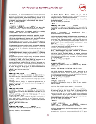 CCAATTÁÁLLOOGGOO DDEE NNOORRMMAALLIIZZAACCIIÓÓNN 22001144
51
alta presión con o sin capa de recubrimiento fluorescente; proporciona
también las plantillas con tolerancias máximas que sirven como guía para el
diseño de luminarios. Además, se describen los métodos de prueba con los
cuales es posible obtener mediciones reproducibles y básicamente exactas
con el objeto de verificar la calidad e intercambiabilidad de las lámparas.
Cancela a la: NMX-J-278-1977.
Páginas: 49.
NMX-J-295/1-ANCE-2011 (22/09/11)
ILUMINACIÓN - LÁMPARAS FLUORESCENTES DE UNA BASE PARA
ALUMBRADO GENERAL – ESPECIFICACIONES Y MÉTODOS DE PRUEBA.
LIGHTING - SINGLE-CAPPED FLUORESCENT LAMPS FOR GENERAL
LIGHTING SERVICE – SPECIFICATIONS AND TEST METHODS.
Esta Norma Mexicana especifica los requisitos de desempeño aplicables a
lámparas fluorescentes de una base para servicio de alumbrado general.
Esta Norma Mexicana aplica a los siguientes tipos de lámpara y modos de
operación que utilizan balastros externos para su operación:
a) Lámparas que operan con un medio interno de encendido, que tienen
cátodos precalentados, para operación en corriente alterna a frecuencia de
línea;
b) Lámparas que operan con un medio externo de encendido, que tienen
cátodos precalentados, para operación en corriente alterna a frecuencia de
línea con el uso de un arrancador y adicionalmente operando en alta
frecuencia;
c) Lámparas que operan con un medio externo de encendido, que tienen
cátodos precalentados, para operación en corriente alterna a frecuencia de
línea sin el uso de un arrancador y adicionalmente operando en alta
frecuencia;
d) Lámparas que operan con un medio externo de encendido, que tienen
cátodos precalentados, para operación en alta frecuencia;
e) Lámparas que operan con un medio externo de encendido, que no
tienen cátodos precalentados, para operación en alta frecuencia.
Algunos requisitos que se proporcionan en esta norma, se incluyen en la
hoja de datos de la lámpara correspondiente. Para algunas lámparas las
hojas de datos se encuentran en esta norma. Para otras lámparas, dentro
del campo de aplicación de esta norma, los datos correspondientes se
proporcionan en la documentación del producto.
Cancela a la: NMX-J-295/1-ANCE-2010.
Paginas:306.
NMX-J-295/2-ANCE-2010 (14/02/11)
ILUMINACIÓN - LÁMPARAS FLUORESCENTES DE DOBLE BASE PARA
ALUMBRADO GENERAL - ESPECIFICACIONES Y MÉTODOS DE PRUEBA.
LIGHTING - DOUBLE-CAPPED FLUORESCENT LAMPS FOR GENERAL
LIGHTING.
Esta Norma Mexicana especifica los requisitos de desempeño para las
lámparas fluorescentes de doble base para servicio de alumbrado general.
PRIMERA EDICIÓN.
Paginas:197
NMX-J-530-ANCE-2008 (22/07/08)
ILUMINACIÓN - GUÍA PARA LA MEDICIÓN DE CARACTERÍSTICAS
ELÉCTRICAS Y FOTOMÉTRICAS PARA LÁMPARAS DE DESCARGA EN ALTA
INTENSIDAD.
LIGHTING - ELECTRICAL AND PHOTOMETRIC MEASUREMENTS OF HIGH
INTENSITY DISCHARGE LAMPS.
Esta Norma Mexicana establece los métodos de prueba y precauciones que
deben tenerse para la obtención de las mediciones uniformes y
reproducibles de las características eléctricas y fotométricas de las lámparas
de descarga de alta intensidad.
Cancela a la: NMX-J-530-ANCE-2001.
Páginas: 14.
NMX-J-531-ANCE-2006 (04/01/07)
ILUMINACIÓN - GUÍA PARA PREENVEJECIMIENTO DE LÁMPARAS.
LIGHTING - GUIDE FOR LAMPS SEASONING.
Esta Norma Mexicana Mexicana establece una guía para el
preenvejecimiento de lámparas previstas para utilizarse en mediciones de
características eléctricas fotométricas y colorimétricas.
Las lámparas deben preenvejecerse hasta que estas características
permanezcan constante.
Cancela a la: NMX-J-531-ANCE-2001.
Páginas: 4.
NMX-J-545-ANCE-2008 (22/07/08)
ILUMINACIÓN - FUNCIONAMIENTO DE LAS LÁMPARAS FLUORESCENTES
COMPACTAS AUTOBALASTRADAS - ESPECIFICACIONES Y MÉTODOS DE
PRUEBA.
LIGHTING - PERFORMANCE OF SELF-BALLASTED LAMPS -
SPECIFICATIONS AND TEST METHODS.
Esta Norma Mexicana establece las especificaciones de desempeño, los
métodos de prueba y las condiciones que se requieren para mostrar el
cumplimiento de las lámparas fluorescentes y otras lámparas de descarga en
gas con medios integrados que proporcionen el control de arranque y una
operación estable (lámparas autobalastradas) de uso doméstico y de uso
general con:
- Una potencia nominal menor o igual que 60 W;
- Un intervalo de tensión de alimentación nominal de 100 V a 250 V;
- Casquillos tipo Edison o tipo bayoneta; y
Los requisitos de esta norma se refieren únicamente a pruebas tipo.
NOTA - Recomendaciones para pruebas completas de productos o
pruebas por lotes están bajo consideración.
Esta Norma Mexicana únicamente aplica a las lámparas fluorescentes
compactas autobalastradas y excluye a las lámparas tipo reflector y tipo
globo. Adicionalmente, únicamente se contemplan en México las lámparas
con frecuencia de 60 Hz.
Cancela a la: NMX-J-545-ANCE-2001.
Páginas: 9.
NMX-J-546-ANCE-2007 (14/04/08)
ILUMINACIÓN - LÁMPARAS DE VAPOR DE SODIO EN BAJA PRESIÓN -
ESPECIFICACIONES.
LIGHTING - LOW PRESSURE SODIUM LAMPS - SPECIFICATIONS.
Esta norma describe los requerimientos físicos y eléctricos de los
principales tipos de lámparas de vapor de sodio de baja presión de una
terminal. Los datos eléctricos proporcionan las especificaciones básicas para
los requerimientos del balastro para estas lámparas.
Cancela a la: NMX-J-546-ANCE-2001.
Páginas: 18.
NMX-J-559-ANCE-2012 (03/07/13)
ILUMINACIÓN - LÁMPARAS DE VAPOR DE SODIO EN ALTA PRESIÓN –
ESPECIFICACIONES.
LIGHTING - HIGH PRESSURE SODIUM LAMPS – SPECIFICATIONS.
Esta norma establece los requisitos de seguridad e intercambiabilidad para
las lámparas de vapor de sodio en alta presión con terminal sencilla con
balastro a 60 Hz. Asimismo, establece los requisitos eléctricos para
balastros e ignitores, así como los requisitos para los luminarios que alojan
a las lámparas producto de esta norma. La presente norma no contempla
aquellas lámparas de vapor de sodio en alta presión con ignitor interno, ni
tampoco a aquellas de color mejorado (I.R.C. ≥ 60 %).
Cancela a la: NMX-J-559-ANCE-2004.
Paginas: 61.
NMX-J-578-ANCE-2006 (04/01/07)
ILUMINACIÓN - LÁMPARAS FLOURESCENTES COMPACTAS
AUTOBALASTRADAS - SEGURIDAD Y MÉTODOS DE PRUEBA.
LIGTHING - SELF-BALLASTED COMPACT FLUORESCENT LAMPS - SAFETY
AND TEST METHODS.
Aplica a lámparas fluorescentes compactas autobalastradas (LFCA) que se
 