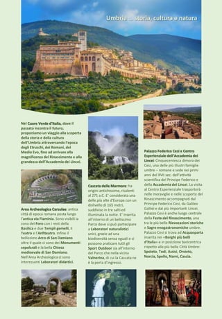 Umbria … storia, cultura e natura
Nel Cuore Verde d’Italia, dove il
passato incontra il futuro,
proponiamo un viaggio alla scoperta
della storia e della cultura
dell’Umbria attraversando l’epoca
degli Etruschi, dei Romani, del
Medio Evo, fino ad arrivare alla
magnificenza del Rinascimento e alla
grandezza dell’Accademia dei Lincei.
Palazzo Federico Cesi e Centro
Esperienziale dell’Accademia dei
Lincei: Cinquecentesca dimora dei
Cesi, una delle più illustri famiglie
umbre – romane e sede nei primi
anni del XVII sec. dell’attività
scientifica del Principe Federico e
della Accademia dei Lincei. La visita
al Centro Esperienziale trasporterà
nelle meraviglie e nelle scoperte del
Rinascimento accompagnati dal
Principe Federico Cesi, da Galileo
Galilei e dai più importanti Lincei.
Palazzo Cesi è anche luogo centrale
della Festa del Rinascimento, una
tra le più belle Rievocazioni storiche
e Sagre enogastronomiche umbre.
Palazzo Cesi si trova ad Acquasparta
inserita nei «Borghi più belli
d’Italia» e in posizione baricentrica
rispetto alle più belle Città Umbre:
Spoleto, Todi, Assisi, Orvieto,
Norcia, Spello, Narni, Cascia.
Area Archeologica Carsulae: antica
città di epoca romana posta lungo
l’antica via Flaminia. Sono visibili la
zona del Foro con i resti della
Basilica e due Templi gemelli, il
Teatro e l’Anfiteatro. Infine il
bellissimo Arco di San Damiano
oltre il quale ci sono dei Monumenti
sepolcrali e la bella Chiesa
medioevale di San Damiano.
Nell’Area Archeologica ci sono
interessanti Laboratori didattici.
Cascata delle Marmore: ha
origini antichissime, risalenti
al 271 a.C. E’ considerata una
delle più alte d'Europa con un
dislivello di 165 metri,
suddiviso in tre salti ed
illuminata la notte. E’ inserita
all’interno di un bellissimo
Parco dove si può partecipare
a Laboratori naturalistici
unici, grazie ad una
biodiversità senza eguali e si
possono praticare tutti gli
Sport Outdoor sia all’interno
del Parco che nella vicina
Valnerina, di cui la Cascata ne
è la porta d’ingresso.
 