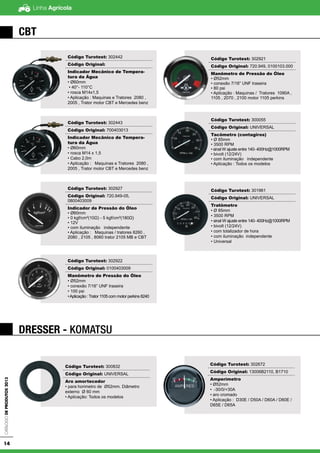 Linha AgrícolaCatálogodeProdutos2013
14
CBT
DRESSER - KOMATSU
Código Turotest: 302442
Código Original:
Indicador Mecânico de Tempera-
tura da Água
• Ø60mm
• 40°- 110°C
• rosca M14x1,5
• Aplicação : Maquinas e Tratores 2080 ,
2005 , Trator motor CBT e Mercedes benz
Código Turotest: 302443
Código Original: 700403013
Indicador Mecânico de Tempera-
tura da Água
• Ø60mm
• rosca M14 x 1,5
• Cabo 2,0m
• Aplicação : Maquinas e Tratores 2080 ,
2005 , Trator motor CBT e Mercedes benz
Código Turotest: 302927
Código Original: 720.949-05,
0800403009
Indicador de Pressão do Óleo
• Ø60mm
• 0 kgf/cm²(10Ω) - 5 kgf/cm²(180Ω)
• 12V
• com iluminação independente
• Aplicação : Maquinas / tratores 8260 ,
2080 , 2105 , 8060 trator 2105 MB e CBT
Código Turotest: 302922
Código Original: 0100403009
Manômetro de Pressão do Óleo
• Ø52mm
• conexão 7/16” UNF traseira
• 100 psi
•Aplicação :Trator 1105 com motor perkins 8240
Código Turotest: 302921
Código Original: 720.949, 0100103.000
Manômetro de Pressão do Óleo
• Ø52mm
• conexão 7/16” UNF traseira
• 80 psi
• Aplicação : Maquinas / Tratores 1090A ,
1105 , 2070 , 2100 motor 1105 perkins
Código Turotest: 300055
Código Original: UNIVERSAL
Tacômetro (contagiros)
• Ø 85mm
• 3500 RPM
• sinal W ajuste entre 140- 400Hz@1000RPM
• bivolt (12/24V)
• com iluminação independente
• Aplicação : Todos os modelos
Código Turotest: 301961
Código Original: UNIVERSAL
Tratômetro
• Ø 85mm
• 3500 RPM
• sinal W ajuste entre 140- 400Hz@1000RPM
• bivolt (12/24V)
• com totalizador de hora
• com iluminação independente
• Universal
Código Turotest: 300832
Código Original: UNIVERSAL
Aro amortecedor
• para horimetro de Ø52mm. Diâmetro
externo Ø 60 mm
• Aplicação: Todos os modelos
Código Turotest: 302672
Código Original: 13006B2110, B1710
Amperímetro
• Ø52mm
• -30/0/+30A
• aro cromado
• Aplicação : D30E / D50A / D60A / D60E /
D65E / D65A
 