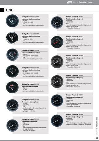 53
Linha Pesada / Leve
CatálogodeProdutos2013
Código Turotest: 300088
Indicador de Combustível
• Ø52mm
• 0 (70Ω) - 4/4 (3Ω)
• 12V
• com iluminação à led independente
Código Turotest: 302758
Indicador de Combustível
• Ø60mm
• V (56Ω) - C (0Ω)
• 12V
• com iluminação à led independente
Código Turotest: 301024
Indicador de Combustível
• Ø52mm
• 40°C (325Ω) -120°C (60Ω)
• 12V
• com iluminação à led permanente
Código Turotest: 300456
Indicador de Combustível
• Ø52mm
• 40°C (325Ω) -120°C (60Ω)
• 12V
• com iluminação à led independente
Código Turotest: 300102
Indicador de Voltagem
• Ø52mm
• 8V-16V
• com iluminação à led independente
Código Turotest: 300798
Tacômetro(contagiros)
• Ø52mm
• 8000 RPM
• 12V
• com iluminação à lâmpada independente
• 33Hz @1000RPM
• Aplicação : 4 cilindros
Código Turotest: 302302
Tacômetro(contagiros)
• Ø52mm
• 8000 RPM
• 12V
• com iluminação à lâmpada independente
• 50Hz @1000RPM
• Aplicação : 6 cilindros
Código Turotest: 302303
Tacômetro(contagiros)
• Ø52mm
• 8000 RPM
• 12V
• com iluminação à lâmpada independente
• 66Hz @1000RPM
• Aplicação : 8 cilindros
Código Turotest: 300773
Tacômetro(contagiros)
• Ø60mm
• 8000 RPM
• 12V
• com iluminação à lâmpada independente
• 33Hz @1000RPM
• Aplicação : 4 cilinidros
Código Turotest: 302304
Tacômetro(contagiros)
• Ø60mm
• 8000 RPM
• 12V
• com iluminação à lâmpada independente
• 50Hz @1000RPM
• Aplicação : 6 cilindros
Código Turotest: 302305
Tacômetro(contagiros)
• Ø60mm
• 8000 RPM
• 12V
• com iluminação à lâmpada independente
• 66Hz @1000RPM
• Aplicação : 8 cilindros
Código Turotest: 300921
Tacômetro(contagiros)
• Ø85mm
• 8000 RPM
• 12V
• com iluminação à lâmpada independente
• 33Hz @1000RPM
• Aplicação : 4 cilindros
Código Turotest: 302306
Tacômetro(contagiros)
• Ø85mm
• 8000 RPM
• 12V
• com iluminação à lâmpada independente
• 50Hz @1000RPM • Aplicação : 6 cilindros
leve
 