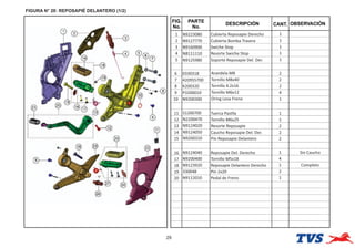 FIGURA N° 20: REPOSAPIÉ DELANTERO (1/2)
29
FIG.
No.
PARTE
No.
DESCRIPCIÓN OBSERVACIÓN
CANT.
1 N9223080 Cubierta Reposapie Derecho 1
2 N9127770 Cubierta Bomba Trasera 1
3 N9160900 Swiche Stop 1
4 N8111110 Resorte Swiche Stop 1
5 N9125980 Soporte Reposapie Del. Der. 1
6 0330318 Arandela M8 2
7 420955700 Tornillo M8x40 2
8 K200320 Tornillo 4.2x16 2
9 P3200010 Tornillo M6x12 4
10 N9200300 Oring Leva Freno 1
11 S1200700 Tuerca Pastlla 1
12 N2200470 Tornillo M6x25 1
13 N9124020 Resorte Reposapie 2
14 N9124050 Caucho Reposapie Del. Der. 2
15 N9200310 Pin Reposapie Delantero 2
16 N9124040 Reposapie Del. Derecho 1 Sin Caucho
17 N9200400 Tornillo M5x18 4
18 N9123920 Reposapie Delantero Derecho 1 Completo
19 330048 Pin 2x20 2
20 N9112010 Pedal de Freno 1
 