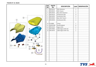 FIGURA N° 23: SIILÍN
33
FIG.
No.
PARTE
No.
DESCRIPCIÓN OBSERVACIÓN
CANT.
1 N9130210 Sillín Delantero 1
2 N9130220 Sillín Trasero 1
5 N9130120 Antvibrante Sillín 4
6 N8130240 Antvibrante Sillín 2
9 N9130330 Antvibrante Sillín 2
10 K210800 O Ring 1
11 420476700 Tornillo M6x30 4
12 N9123220 Seguro Sillín 2
13 N9170360 Cable Seguro Sillín Del. 1
14 N9170370 Cable Seguro Sillín Tras. 1
8
4
4 N9130230 Base Sillín Delantero 1
8 N9130260 Base Sillín Trasero 1
 