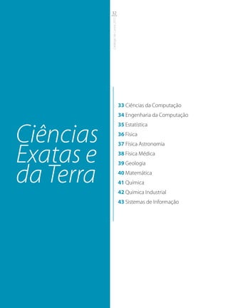 32




           Catálogo de Cursos 2012
                                     33 Ciências da Computação
                                     34 Engenharia da Computação



Ciências
                                     35 Estatística
                                     36 Física



Exatas e
                                     37 Física Astronomia
                                     38 Física Médica
                                     39 Geologia


da Terra                             40 Matemática
                                     41 Química
                                     42 Química Industrial
                                     43 Sistemas de Informação
 