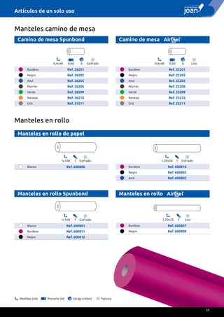 Manteles en rollo
Manteles en rollo de papel
Manteles en rollo Spunbond
1x100 1 Gofrado
Blanco Ref. 600806
1,20x50 1 Gofrado
Burdeos Ref. 600810
Negro Ref. 600803
Azul Ref. 600802
1x100 1 Gofrado
Blanco Ref. 600801
Burdeos Ref. 600811
Negro Ref. 600812
1,20x25 1 Liso
Burdeos Ref. 600807
Negro Ref. 600808
Manteles en rollo
Manteles camino de mesa
0,4x48 0,60 6 Liso
Burdeos Ref. 25201
Negro Ref. 25202
Azul Ref. 25205
Marrón Ref. 25206
Verde Ref. 25209
Naranja Ref. 25210
Gris Ref. 25211
0,4x48 0,60 6 Gofrado
Burdeos Ref. 26201
Negro Ref. 26202
Azul Ref. 26205
Marrón Ref. 26206
Verde Ref. 26209
Naranja Ref. 26210
Gris Ref. 21211
Camino de mesa Spunbond Camino de mesa
Medidas (cm) Precorte (m) U/caja (rollos) Textura
Artículos de un solo uso
11
 