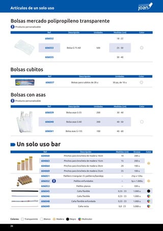 Bolsas mercado polipropileno transparente
Ref. Descripción Unidades Medidas (cm) Color
606032
Bolsa G 75 AD 500
18 · 22
606033 25 · 30
606035 30 · 40
Bolsas cubitos
Ref. Descripción Unidades Color
606037 Bolsas para cubitos de 28 u 30 pq. de 10 u
Producto personalizable
Bolsas con asas
Ref. Descripción Unidades Medidas (cm) Color
606039 Bolsa asas G-55 200 30 · 40
606040 Bolsa asas G-60 200 40 · 50
606041 Bolsa asas G-135 100 40 · 60
Producto personalizable
Colores: Transparente Blanco Madera Negro Multicolor
Ref. Descripción Medidas (cm) Envase Color
604068 Pinchos para brocheta de madera 10cm 10 200 u
604063 Pinchos para brocheta de madera 15cm 15 200 u
604064 Pinchos para brocheta de madera 20cm 20 100 u
604069 Pinchos para brocheta de madera 25cm 25 100 u
606051 Palillero triangular 25 palilleros/bandeja – 25p x 120u
606052 Palillos enfundados – 5p x 1.000u
606053 Palillos planos – 500 u
606045 Caña flexible 0,55 · 23 1.000 u
606046 Caña flexible 0,55 · 23 1.000 u
606048 Caña flexible enfundada 0,55 · 23 1.000 u
606049 Caña recta 0,8 · 23 5.000 u
Un solo uso bar
Artículos de un solo uso
26
 