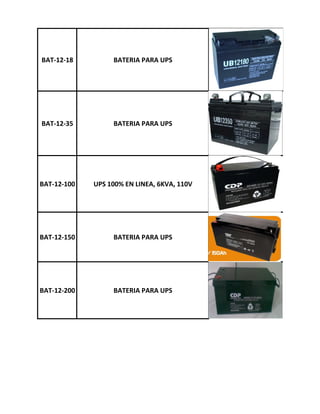 BAT-12-18         BATERIA PARA UPS




BAT-12-35         BATERIA PARA UPS




BAT-12-100   UPS 100% EN LINEA, 6KVA, 110V




BAT-12-150        BATERIA PARA UPS




BAT-12-200        BATERIA PARA UPS
 