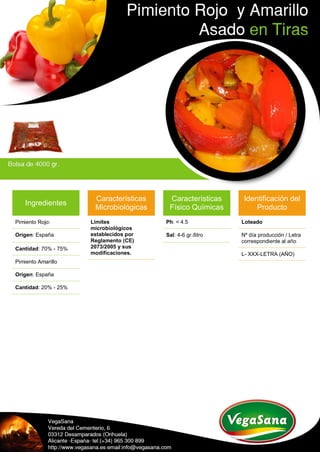 Ingredientes
Pimiento Rojo:
Origen: España
Cantidad: 70% - 75%
Pimiento Amarillo
Origen: España
Cantidad: 20% - 25%
Características
Microbiológicas
Límites
microbiológicos
establecidos por
Reglamento (CE)
2073/2005 y sus
modificaciones.
Características
Físico Químicas
Ph: < 4.5
Sal: 4-6 gr./litro
Identificación del
Producto
Loteado
Nº día producción / Letra
correspondiente al año
L- XXX-LETRA (AÑO)
 